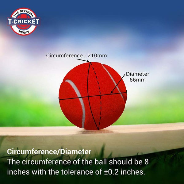 Red cricket ball with measurements on a blurred green field background, featuring T-Cricket branding.