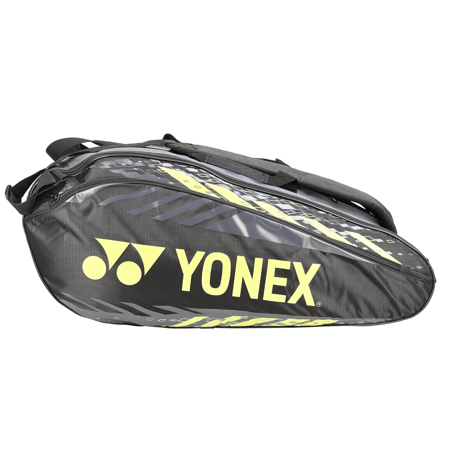 Yonex branded badminton kit bag in black with lime green, featuring a hand-carry handle