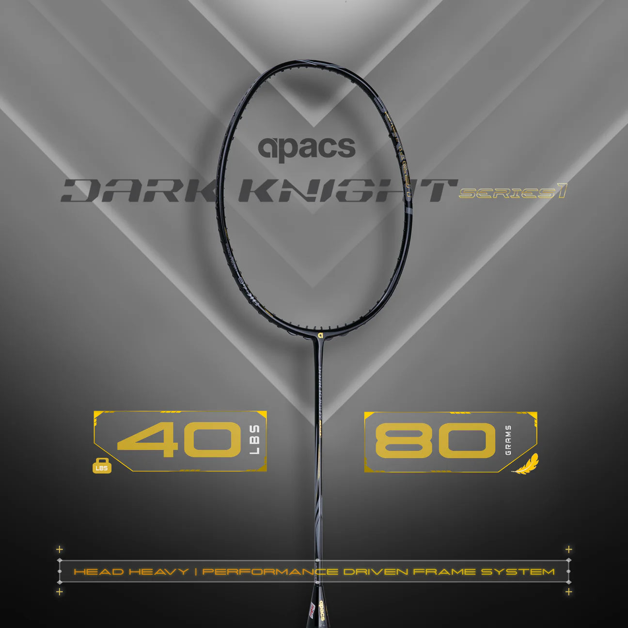Apacs Dark Knight badminton racket with highlights of 40 LBS string tension and slightly head heavy balance.