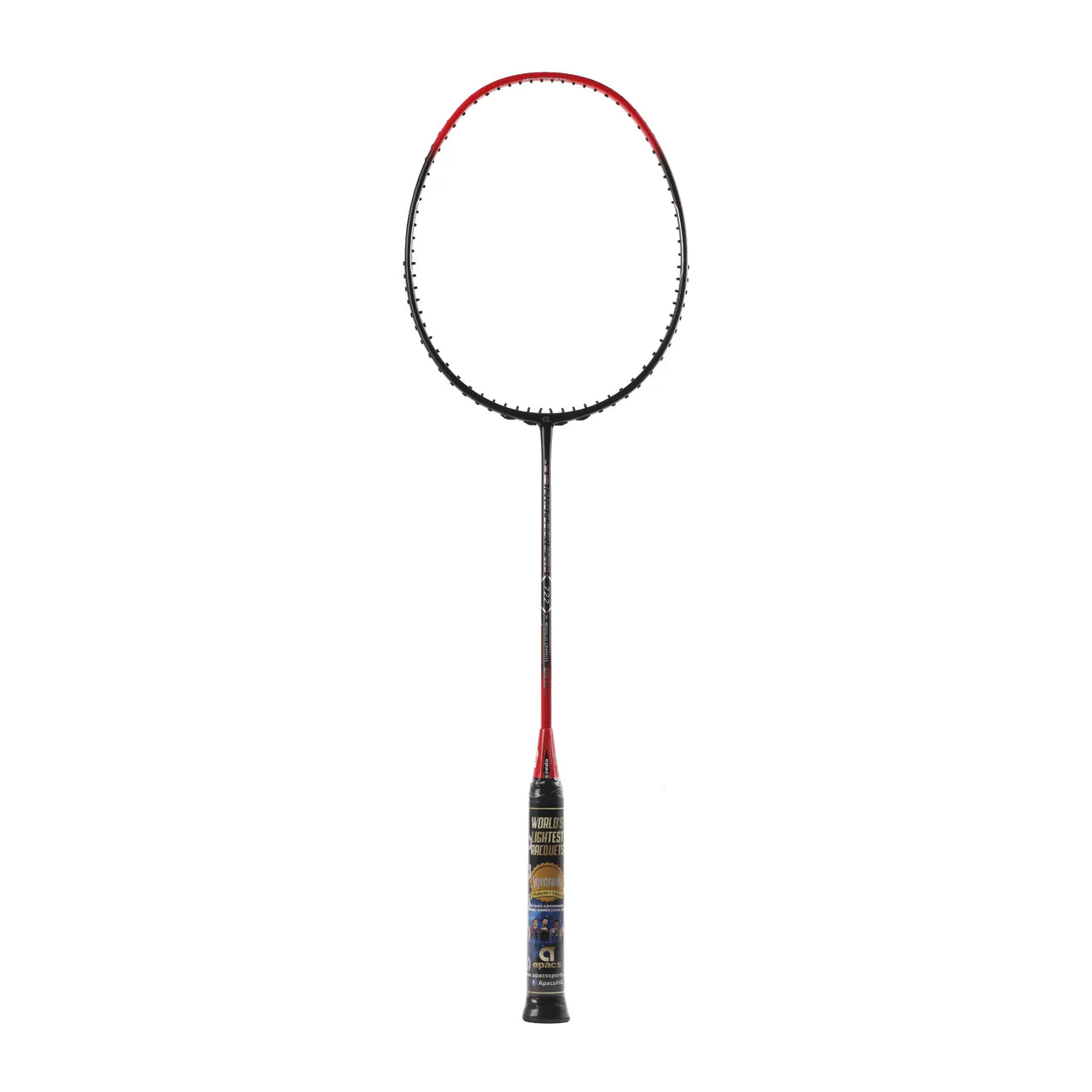 A black badminton racket with red Apacs Nano Fusion Speed 722 with head-light balance