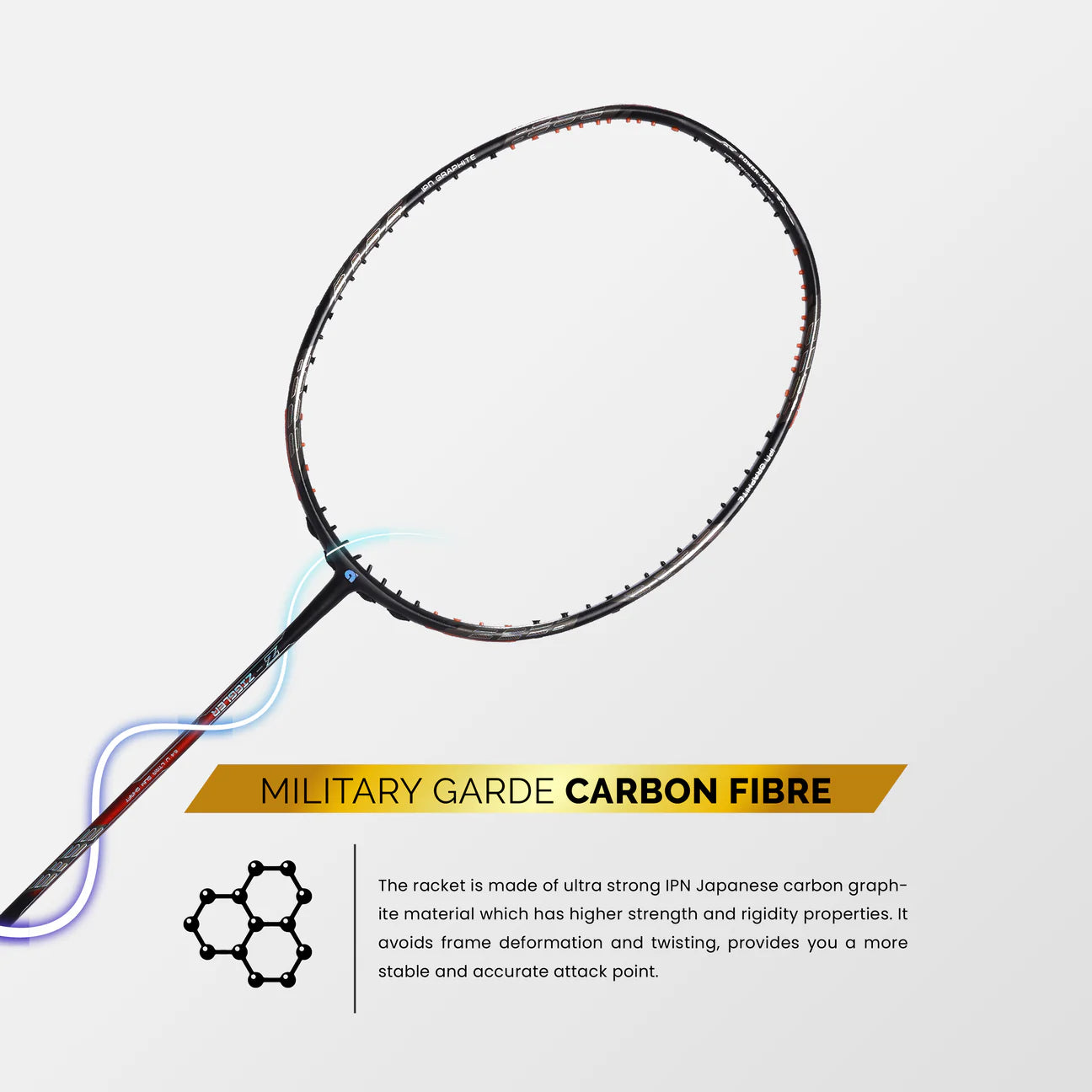 A badminton racket with a black frame and strings, military-grade carbon fibre material. Apacs Z Ziggler badminton racket with 38LBS tension and 84g weight