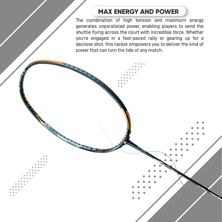 A black and silver badminton racket with text highlighting 'MAX ENERGY AND POWER' and features such as a 'head heavy flex', 'company unstrung full cover', and 'grip size G2'. Apacs Z Ziggler Reborn badminton racket unstrung with UHM Japan Graphite frame