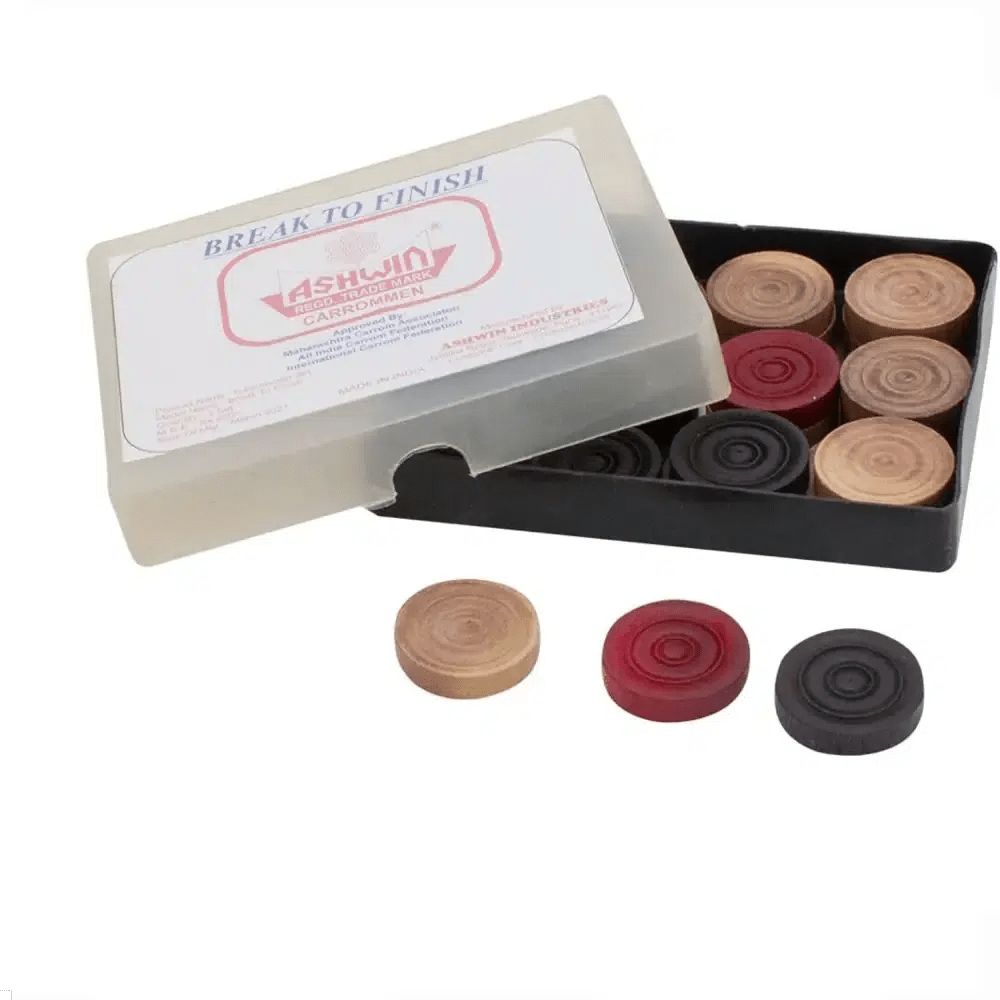 Set of wooden checkers with a branded box Ashwin Breaks to Finish Carrom Coins Set for Tournament and Home Play