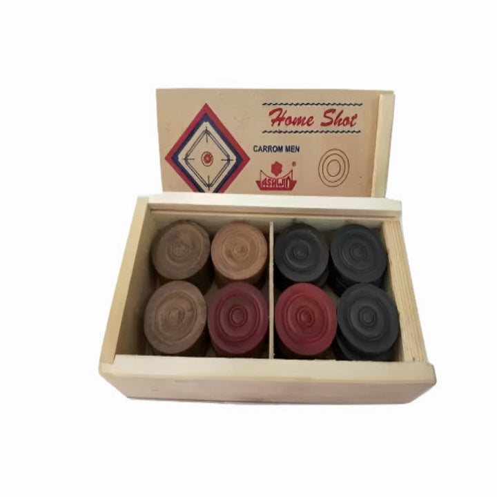 Set of carrom men in a wooden box with a branded lid Ashwin Home Shot Carrom Coins for Family, Home and Recreational Play