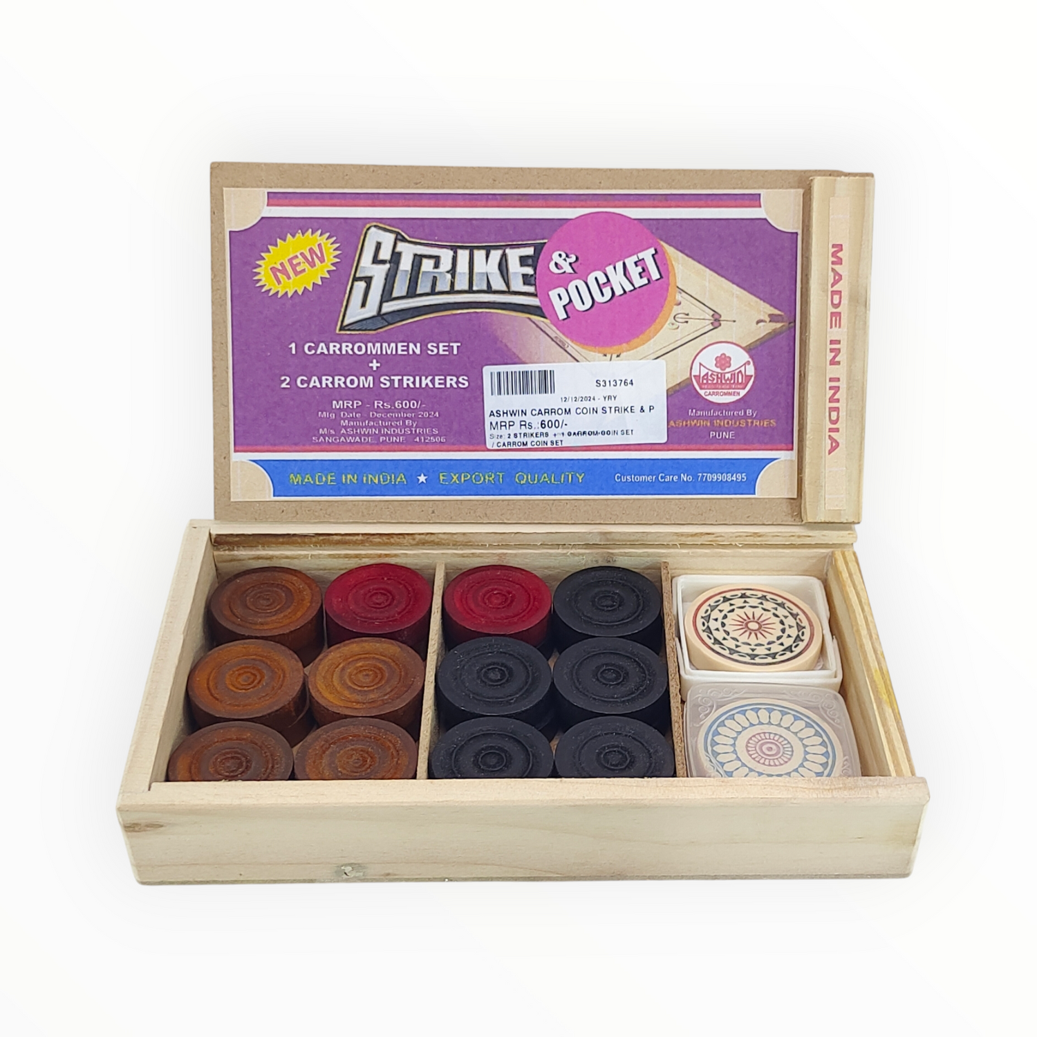 Carrom set with wooden box labeled 'Strike & Pocket' Ashwin Strike & Pocket Carrom Coins for Smooth and Accurate Gameplay