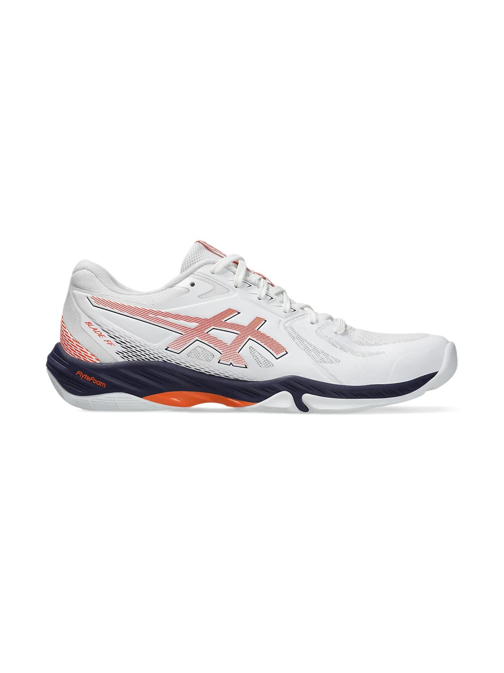 White sneaker with pink and orange ASICS Blade FF badminton shoes for indoor court play
