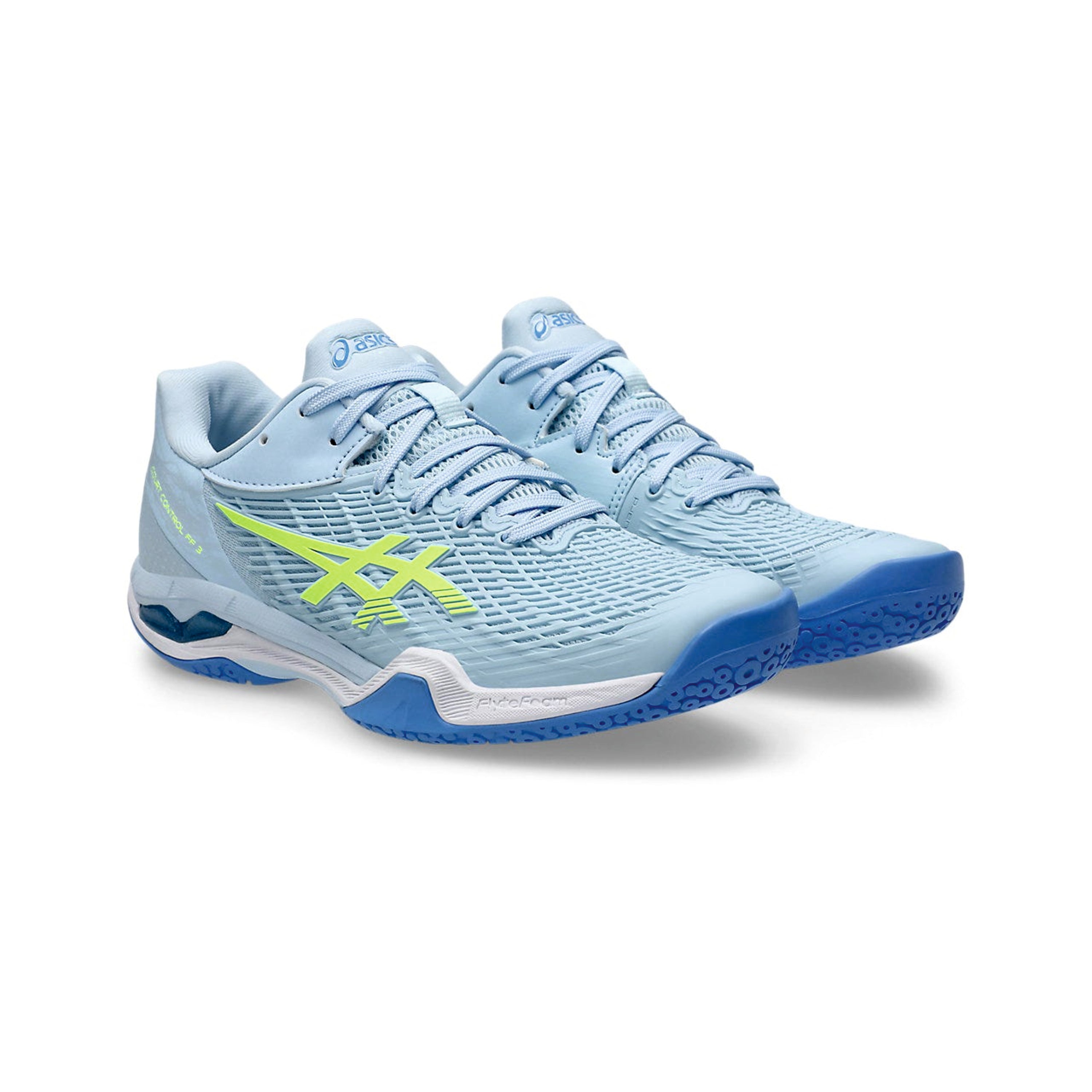 Light blue running shoes with green ASICS Court Control FF3 badminton shoes with FLYTEFOAM cushioning