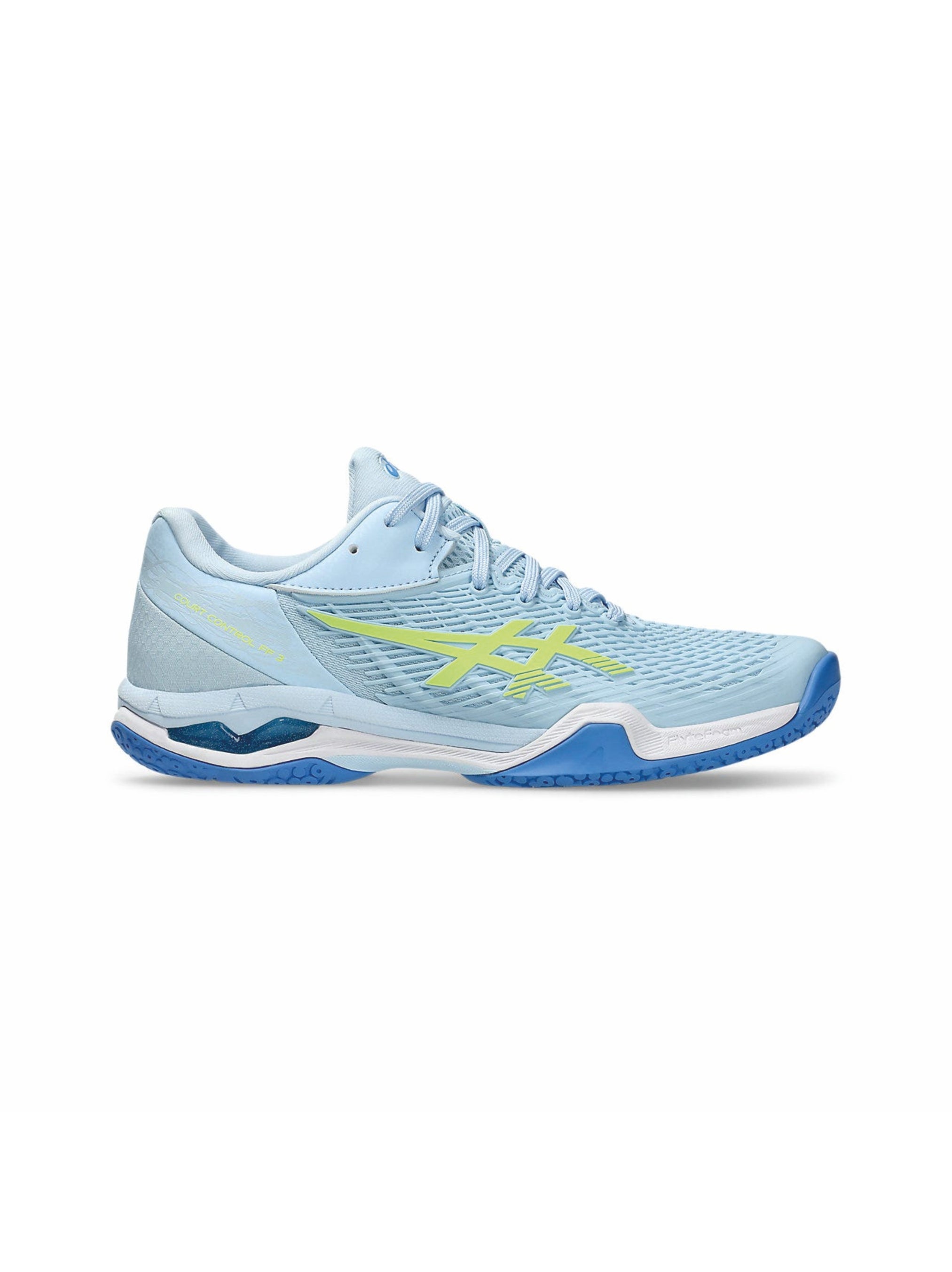 Light blue athletic shoe with a yellow ASICS Court Control FF3 badminton shoes with GEL cushioning