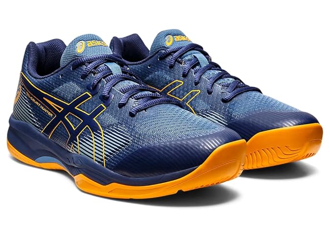 Blue and orange athletic shoes ASICS Court Hunter 2 badminton shoes with lace-up closure