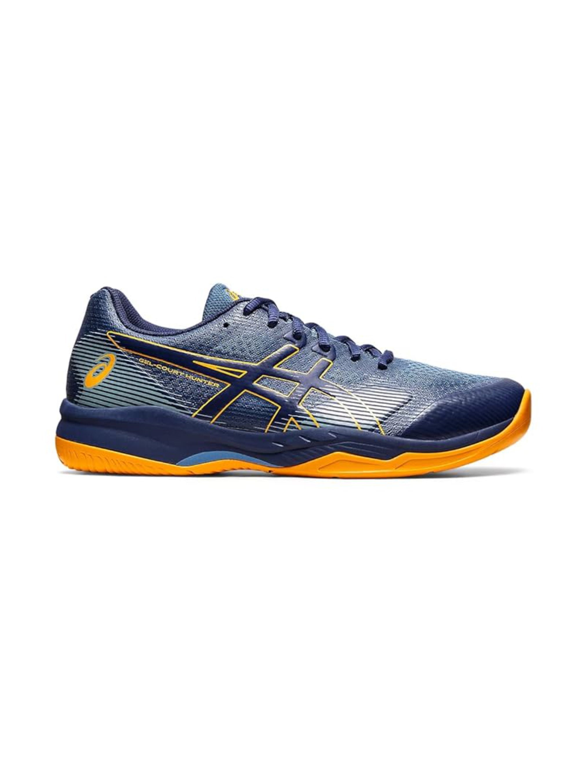 Navy and orange athletic shoe ASICS Court Hunter 2 badminton shoes with mesh upper and rubber sole