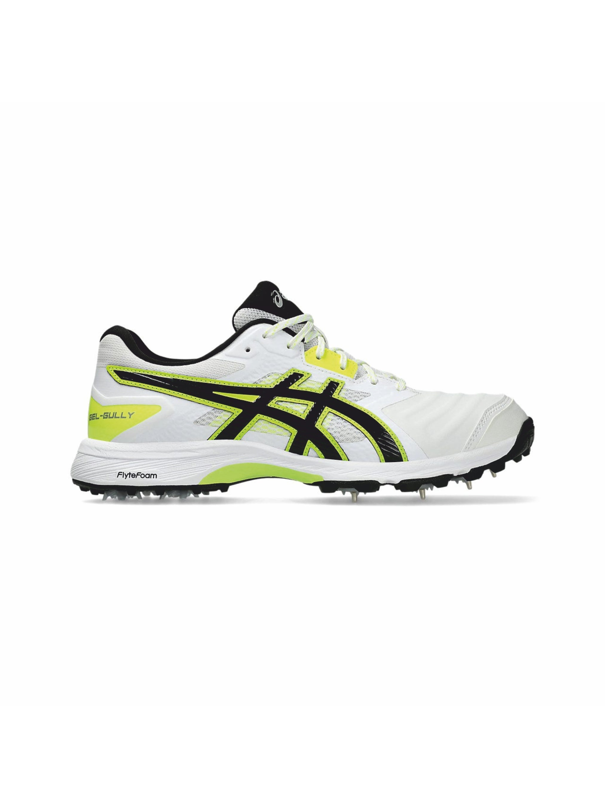 White sports shoe with black and yellow ASICS Gel Gully 7 cricket shoes with metal spikes for players