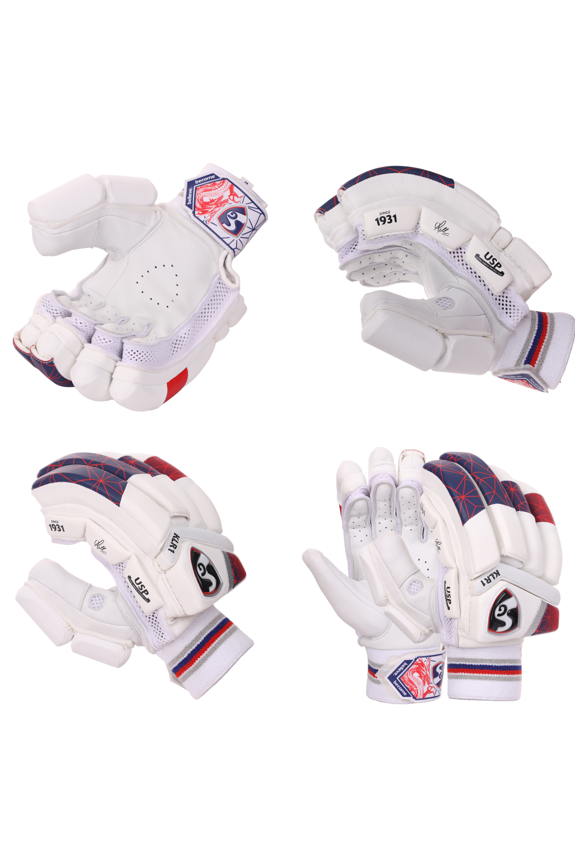 Four white cricket gloves with red and blue Batter gripping a bat while wearing white SG KLR 1 batting gloves