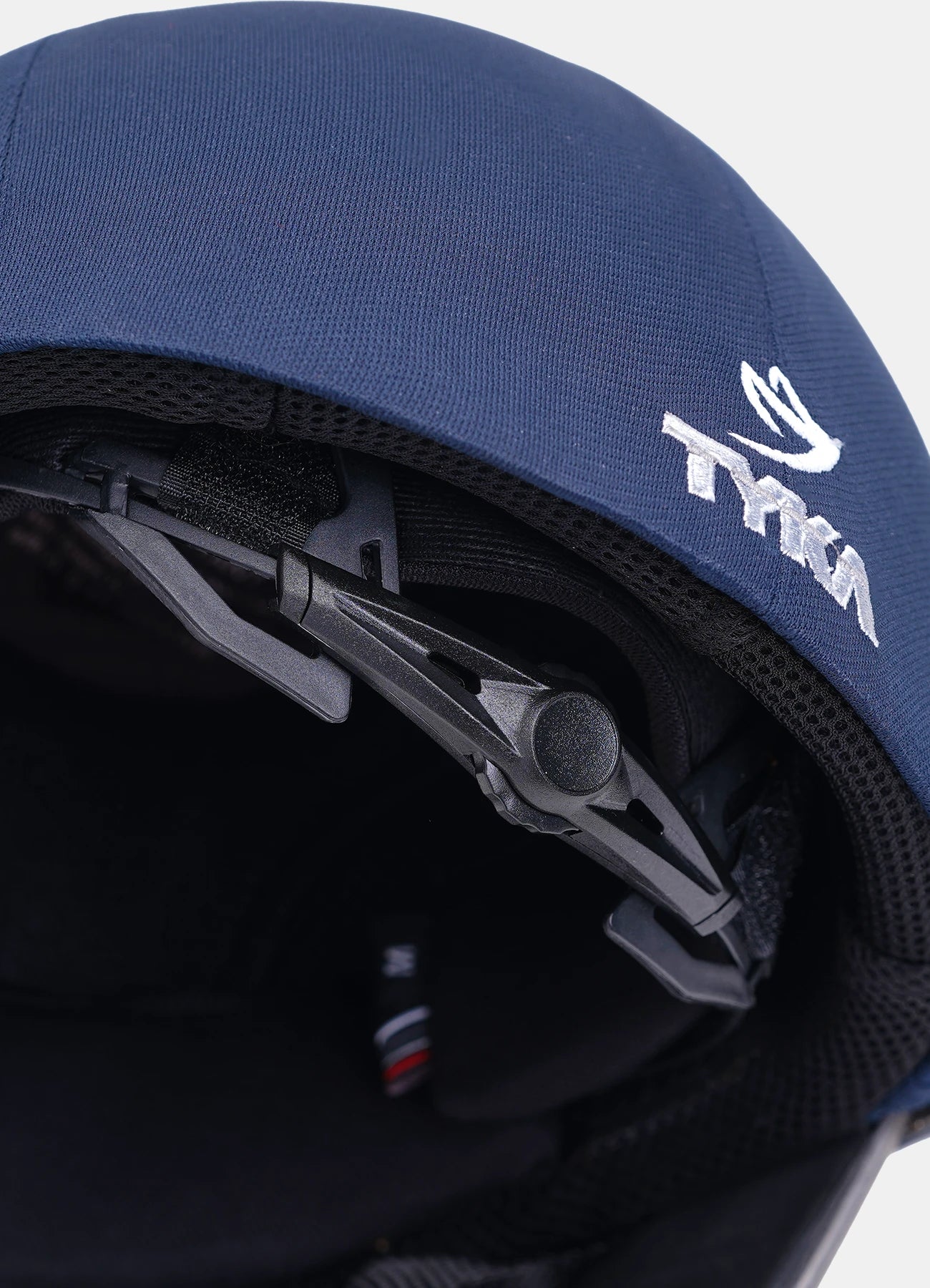 Close-up of a blue helmet Batter wearing the Tyka Force Match Titanium cricket helmet during a net session