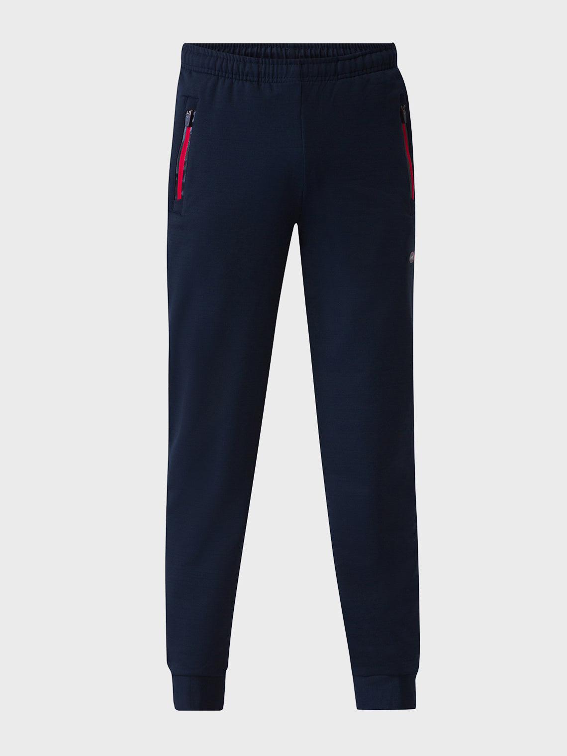 Navy blue jogger pants with red accents on a light gray background 