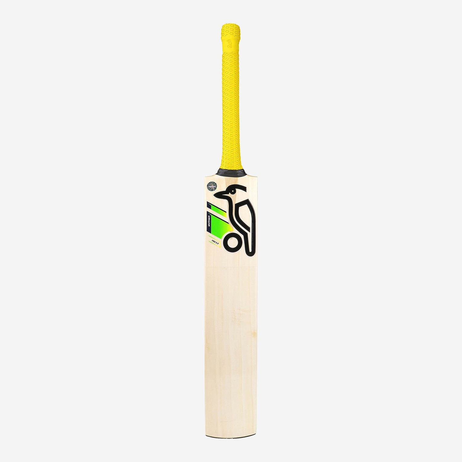 A Kookaburra Kahuna Pro 5.0 cricket bat with a yellow handle and predominantly white body, Kookaburra Kahuna Pro 5.0 English willow cricket bat in full view, front face