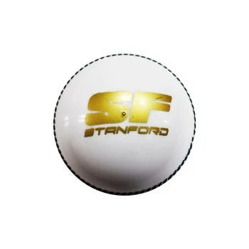 A white cricket ball with gold lettering that reads 'SF STANFORD'. SF Wonder cricket ball in full view, made for practice and casual matches