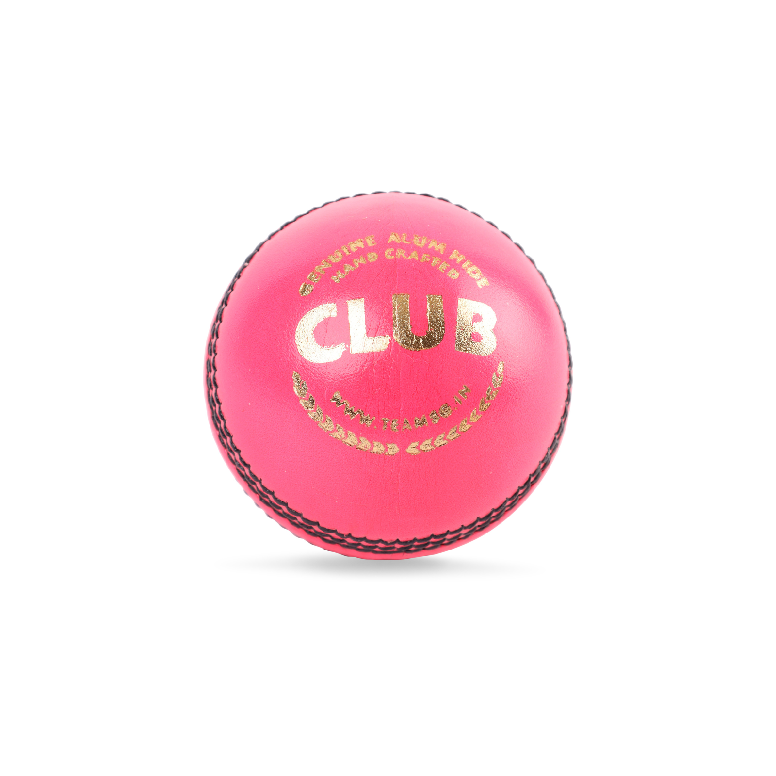 A pink leather cricket ball with the word 'CLUB' printed on it SG Club pink cricket ball in full view, made for day-night matches