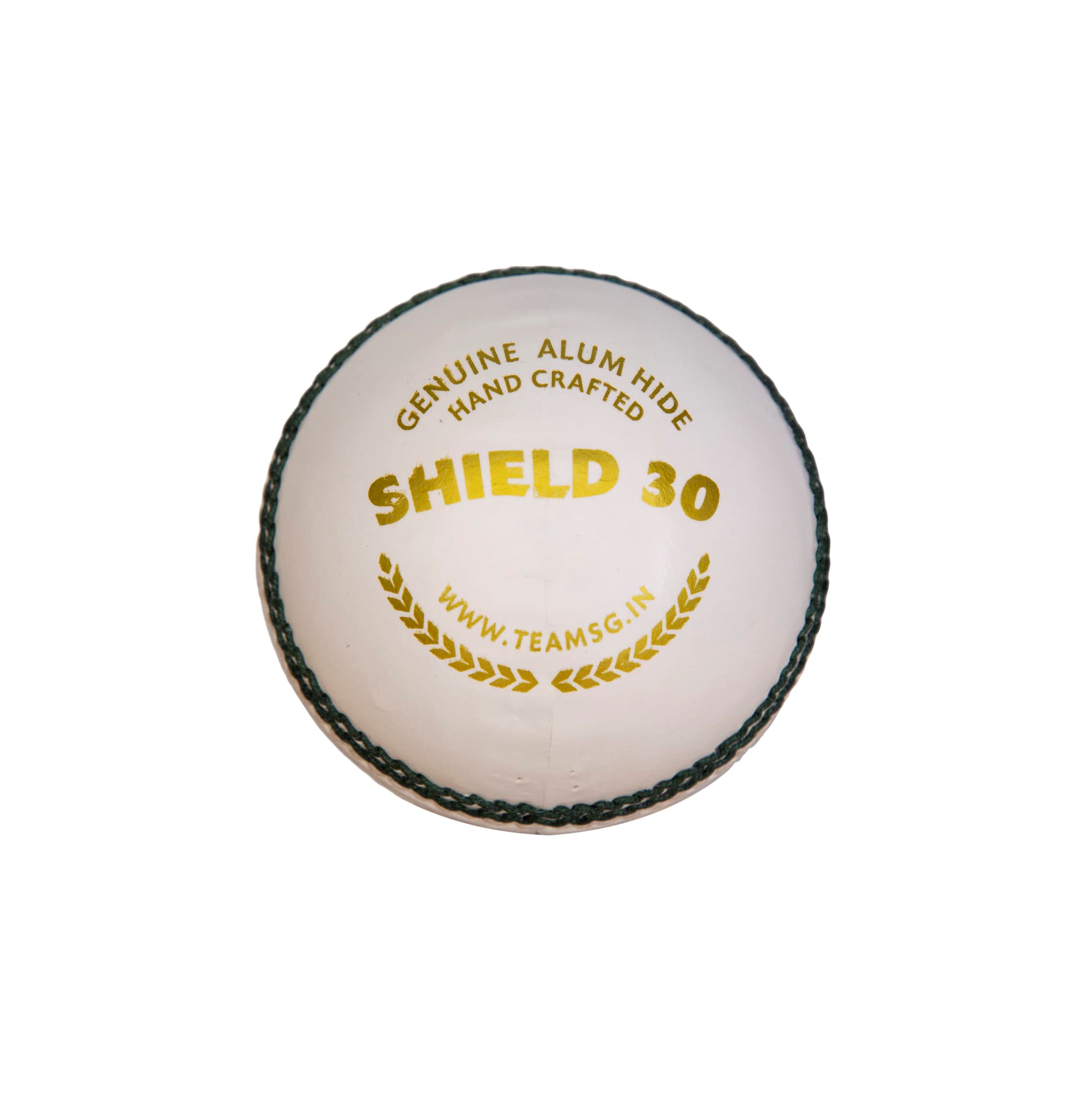 SG Shield 30 white cricket ball in full view, made for limited-overs matches