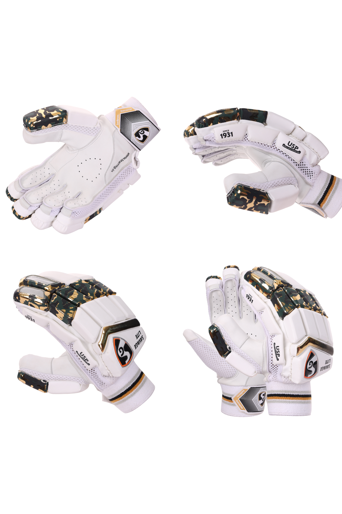 Cricket player wearing SG Savage Lite batting gloves while playing a shot
