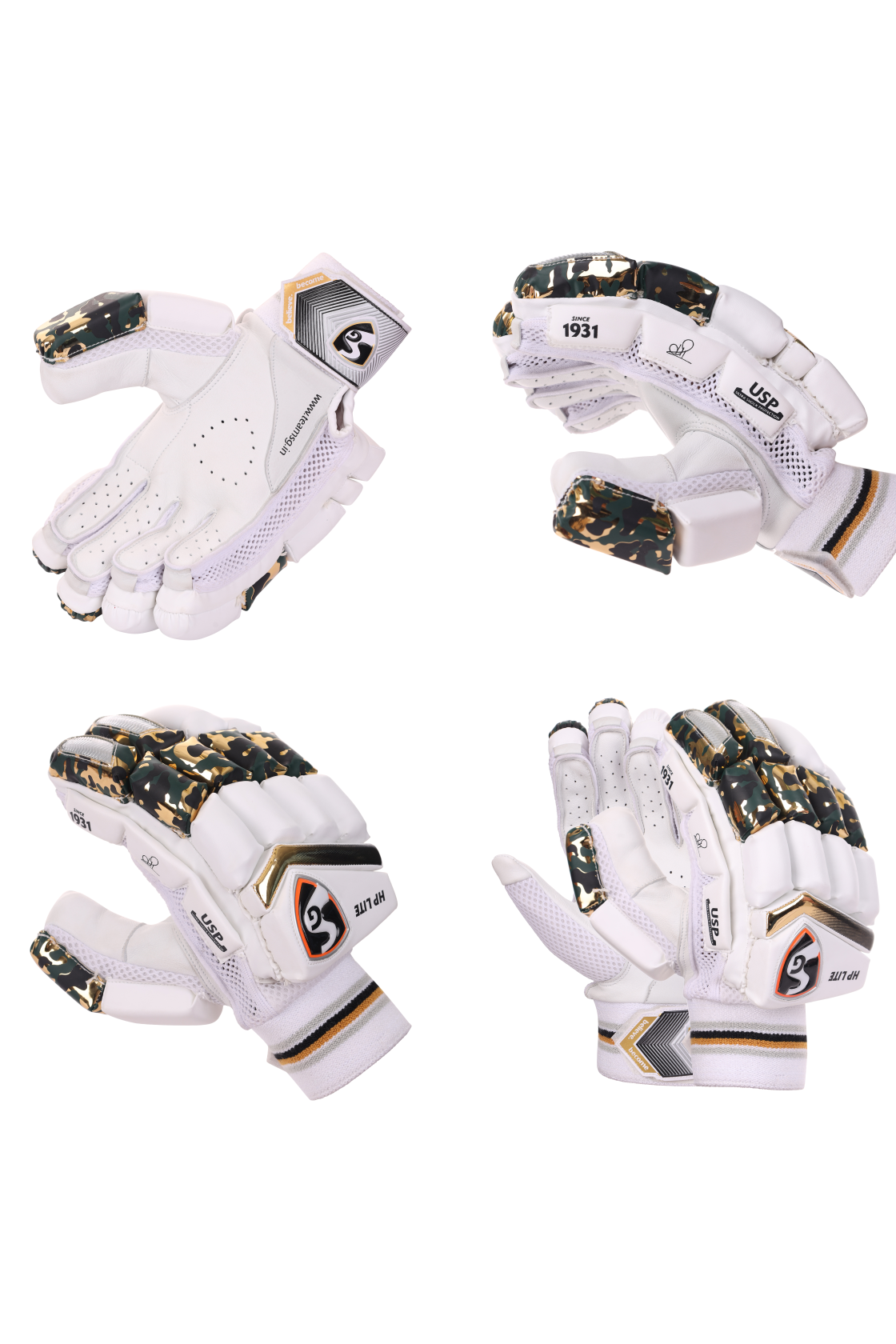 Cricketer wearing SG HP Lite batting gloves while playing a shot