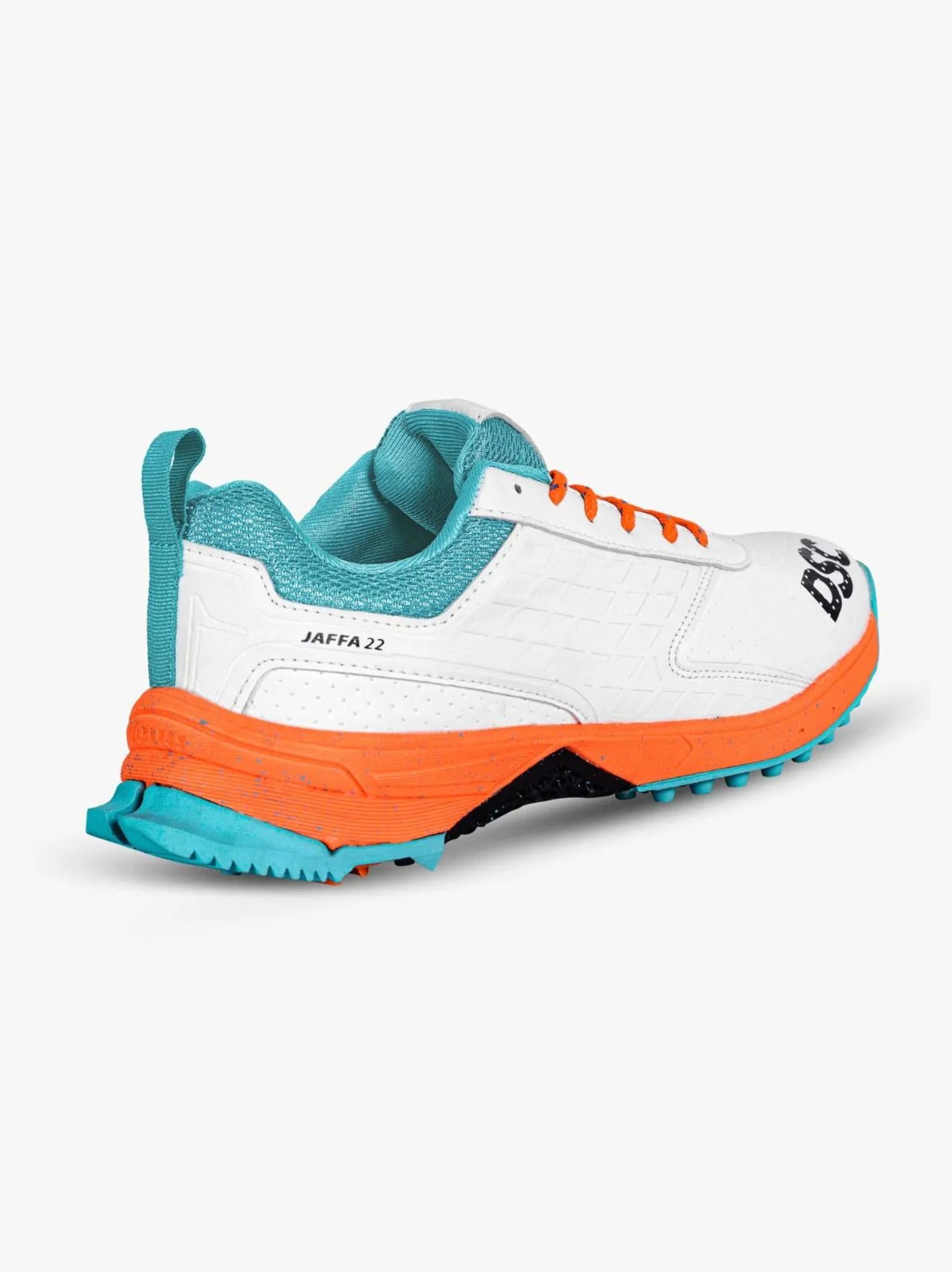 White sports shoe with orange and blue accents DSC Jaffa 22 cricket shoes for men with lightweight performance