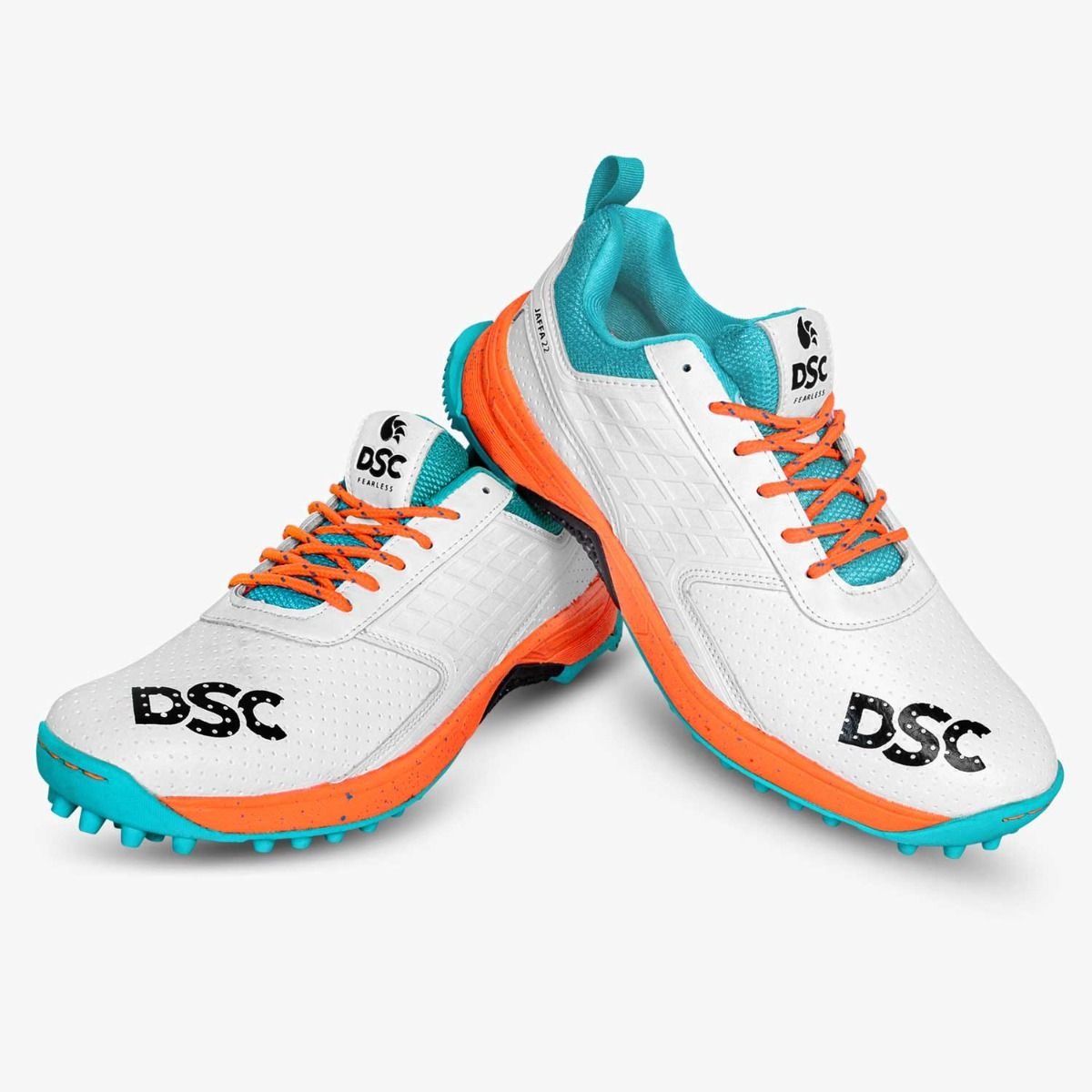 A pair of white DSC cricket shoes with orange and blue accents DSC Jaffa 22 men's cricket shoes with superior grip and comfort
