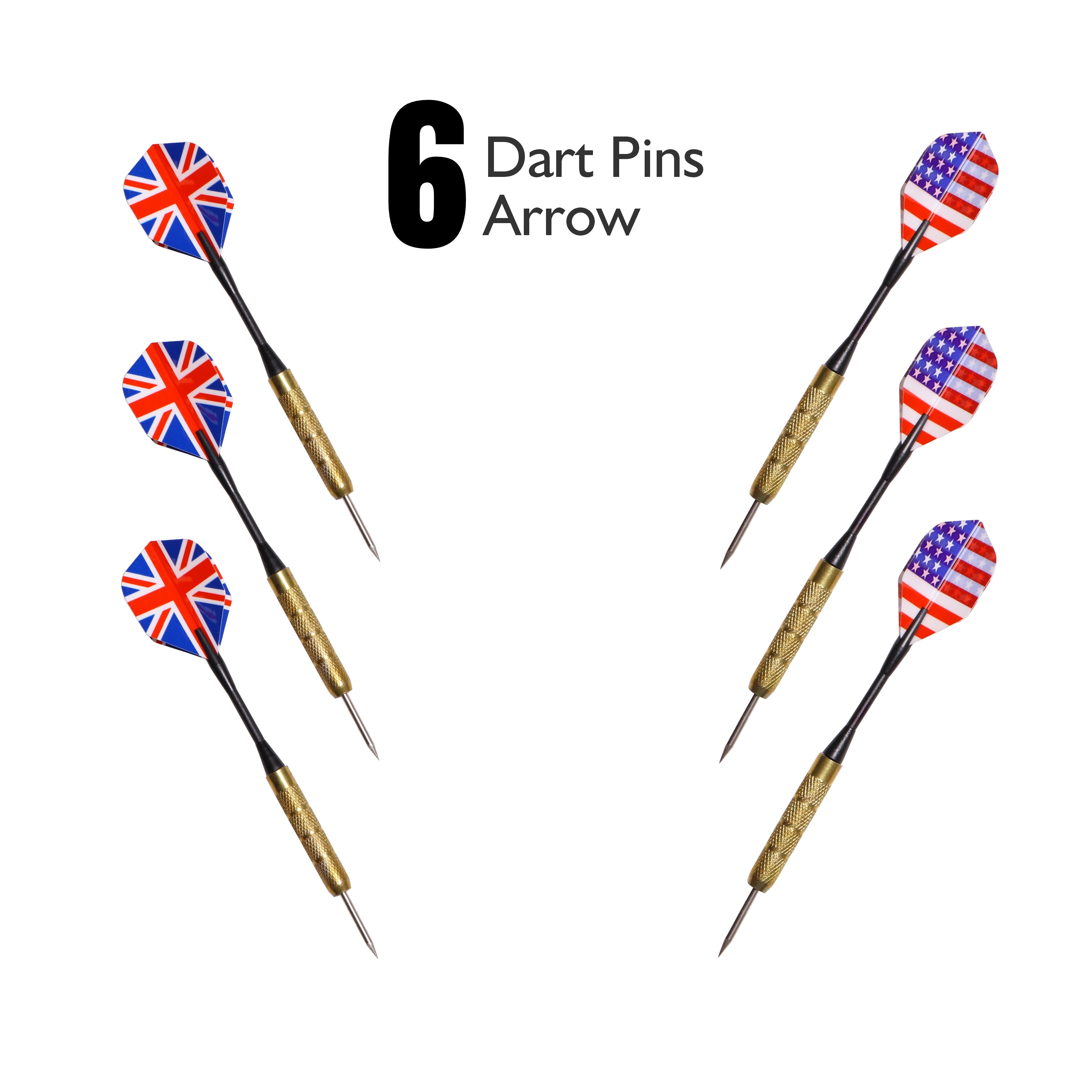 Six dart pins with British and American flag designs