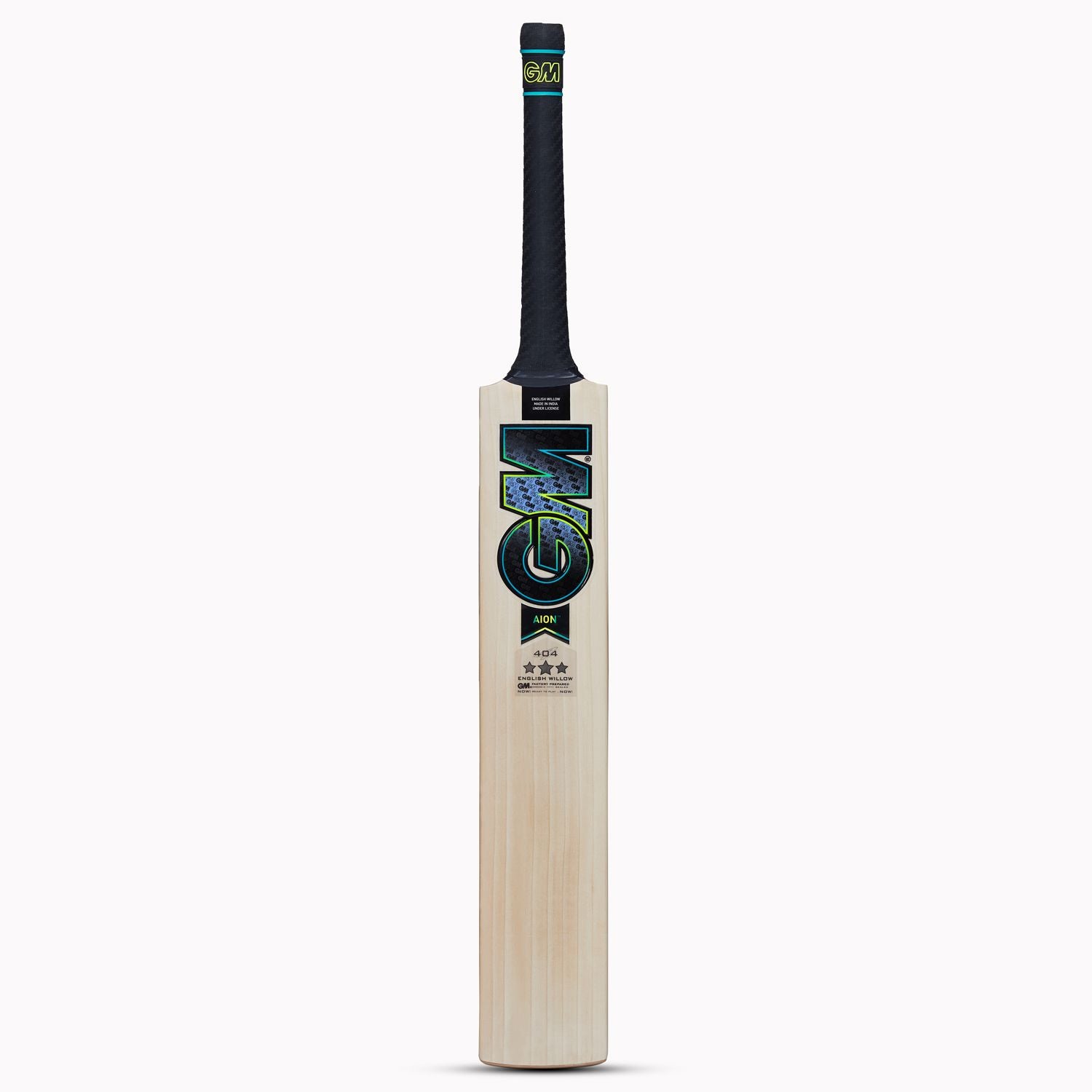 An GM Aion 404 English Willow Cricket Bat with a predominantly beige color and black and green accents on the handle.