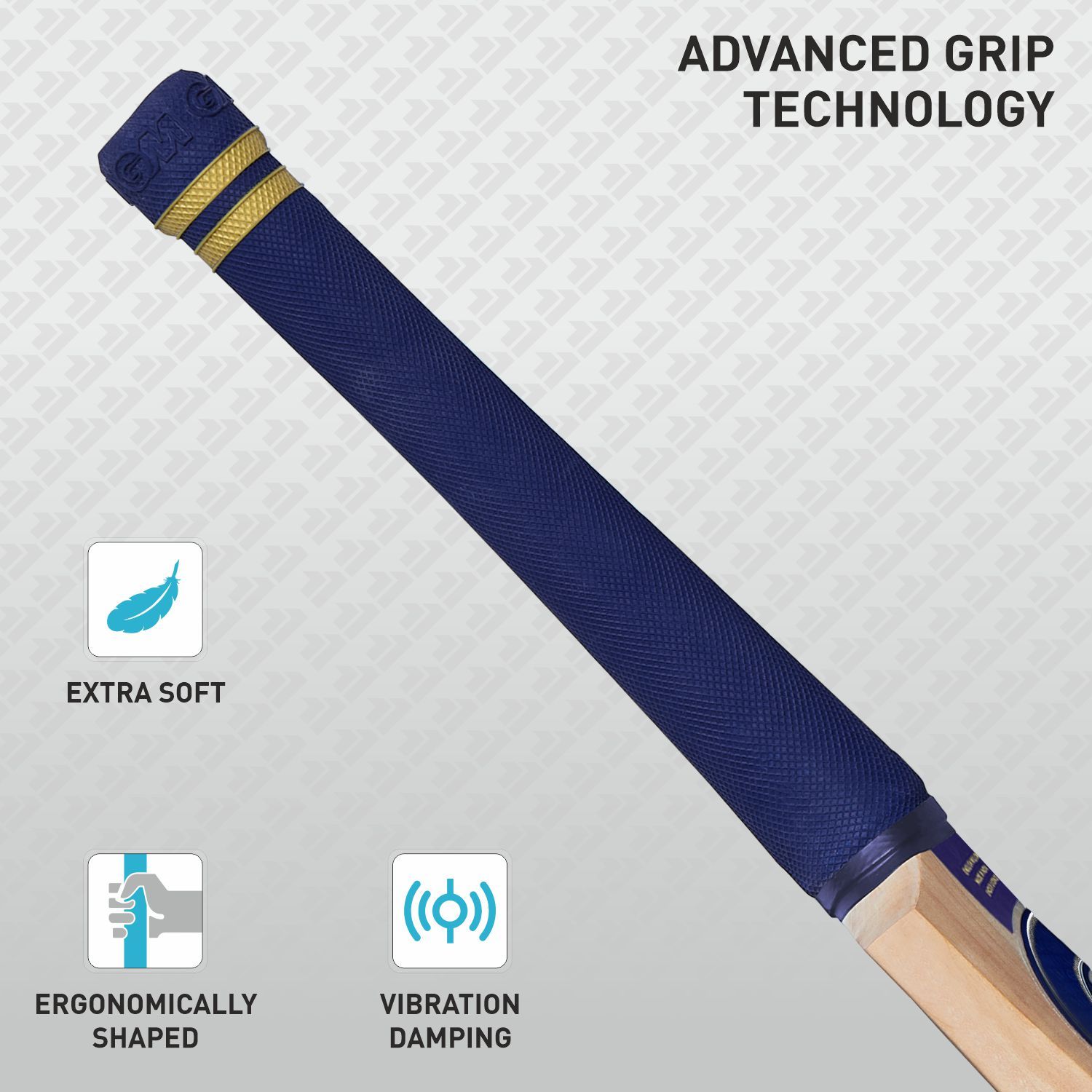 Blue cricket bat handle with grip technology Handle and grip detail of the GM Brava 707 English willow bat