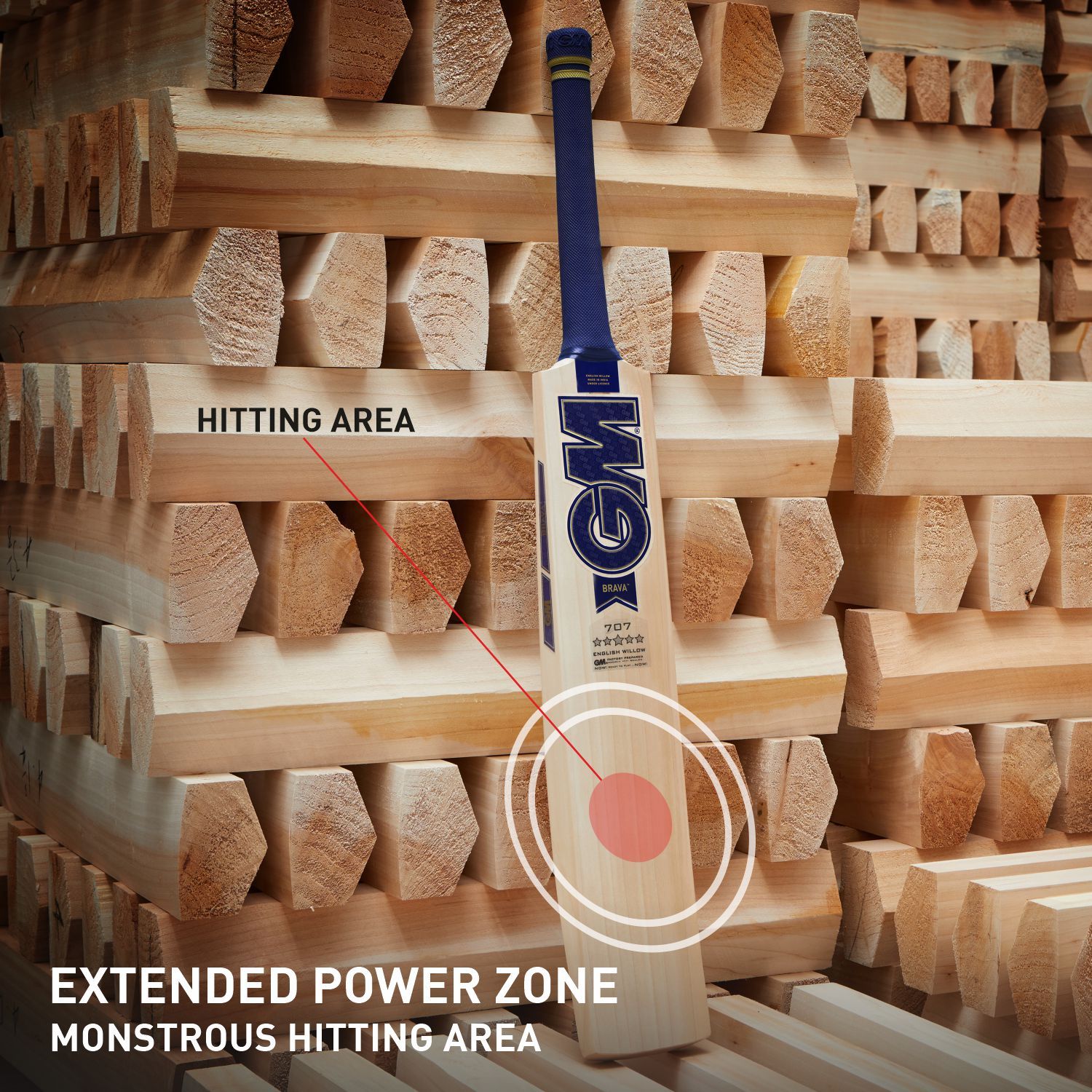 Cricket bat with hitting area and power zone Willow face and grain pattern on the GM Brava 707 cricket bat