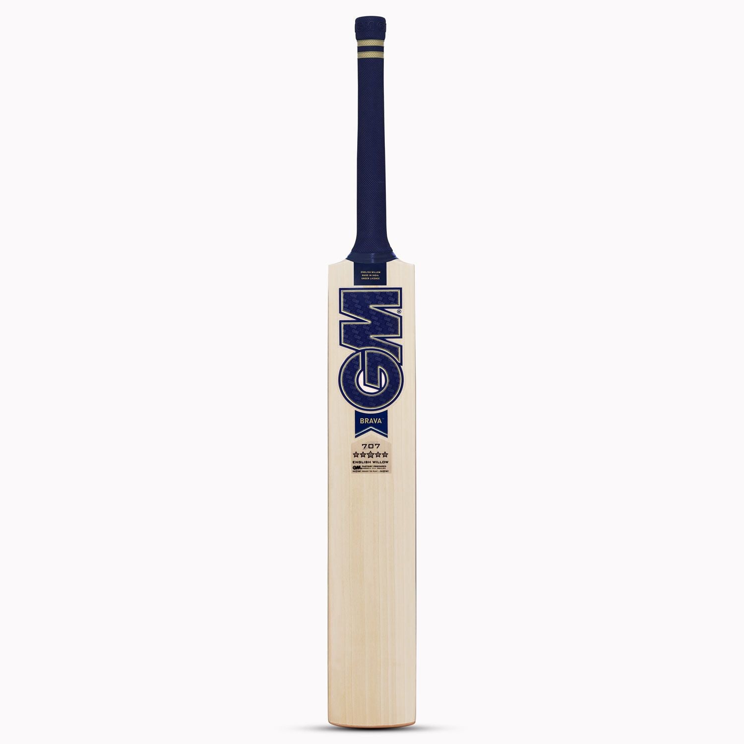 An upright GM Brava 707 English Willow Cricket Bat GM Brava 707 English willow cricket bat standing upright against a plain background
