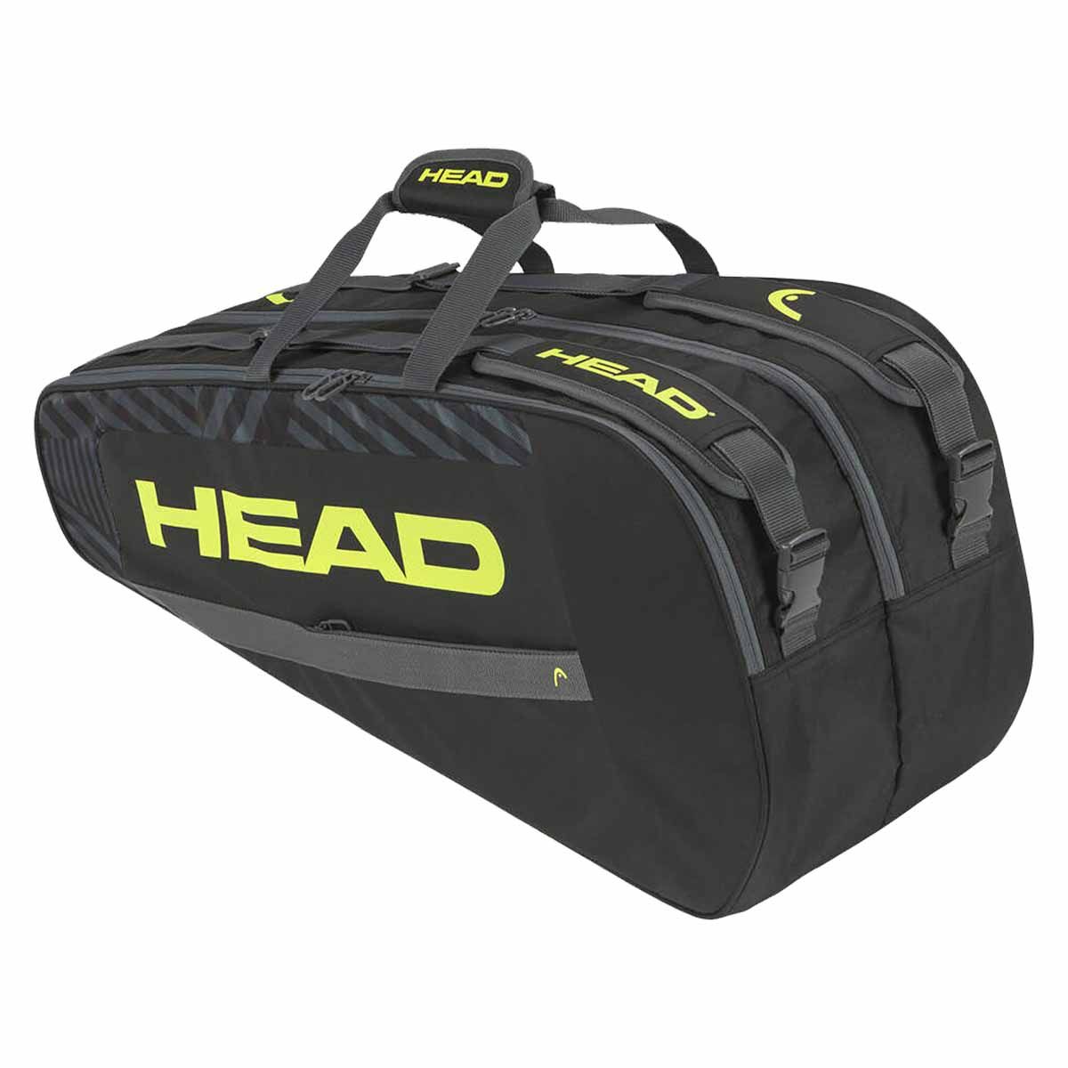 A black and neon yellow Head base tennis racket bag with a capacity to hold up to six racquets, Head Base Tennis Kit Bag with spacious racket and accessory storage