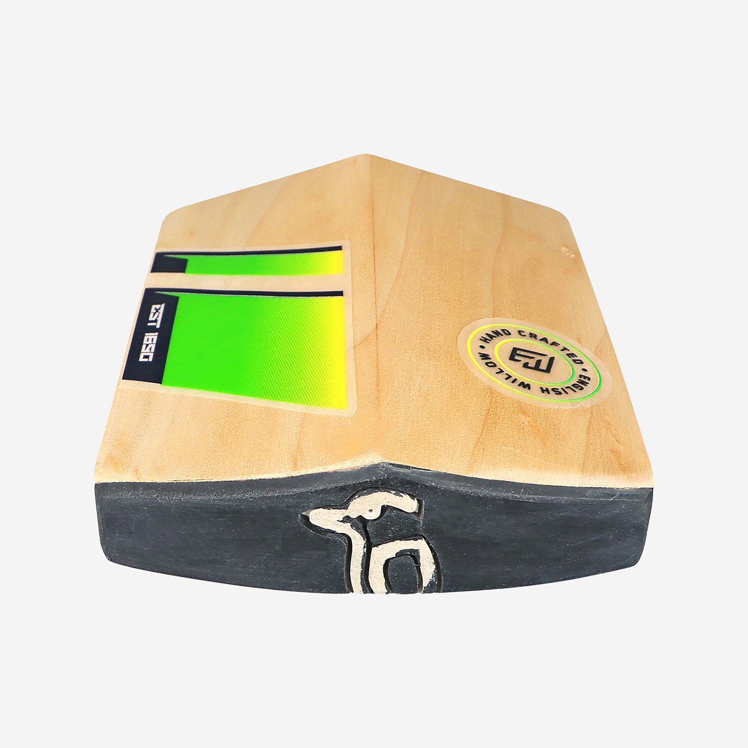 Wooden cricket bat with green and black accents on a white background