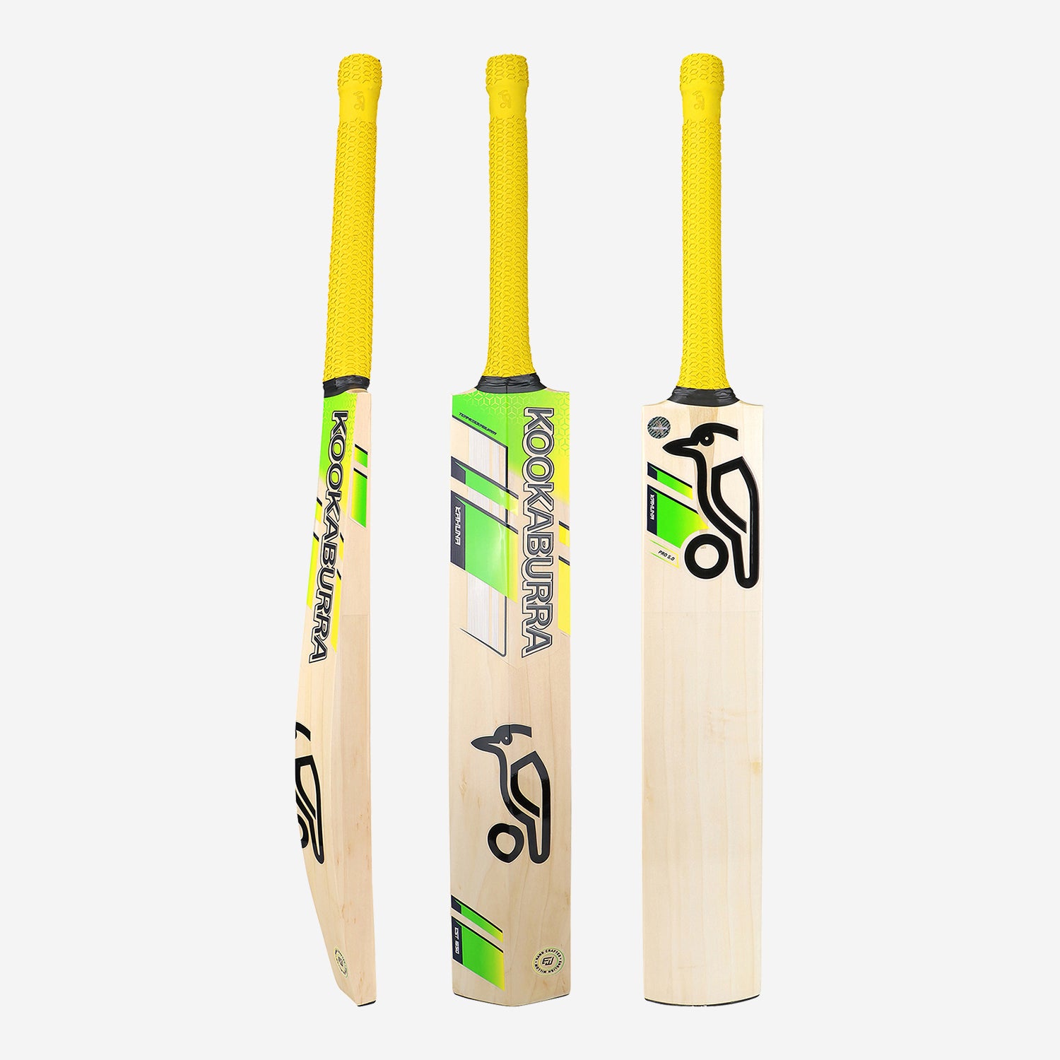 Three cricket bats with yellow handles and branding on a white background. Kookaburra Kahuna Pro 5.0 cricket bat resting beside a leather cricket ball