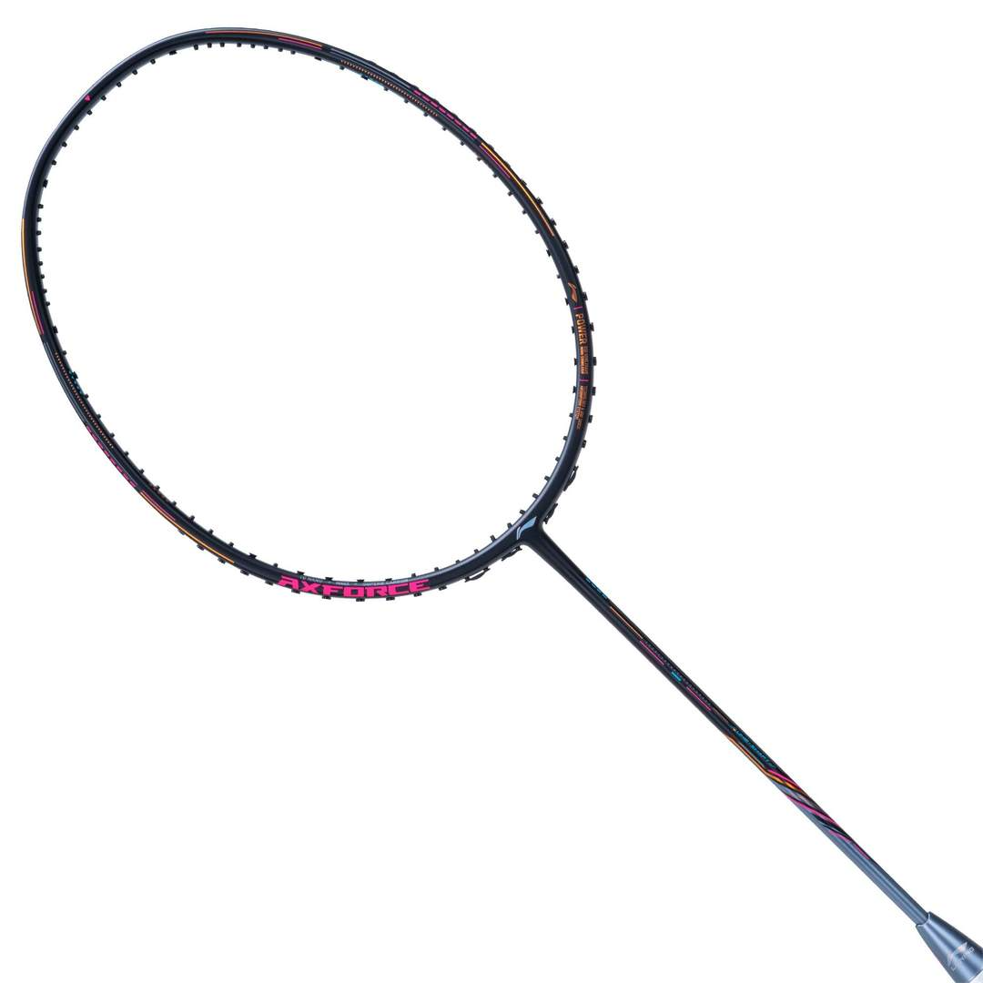 A Li-Ning Axforce 80 badminton racket with black frame and pink details.