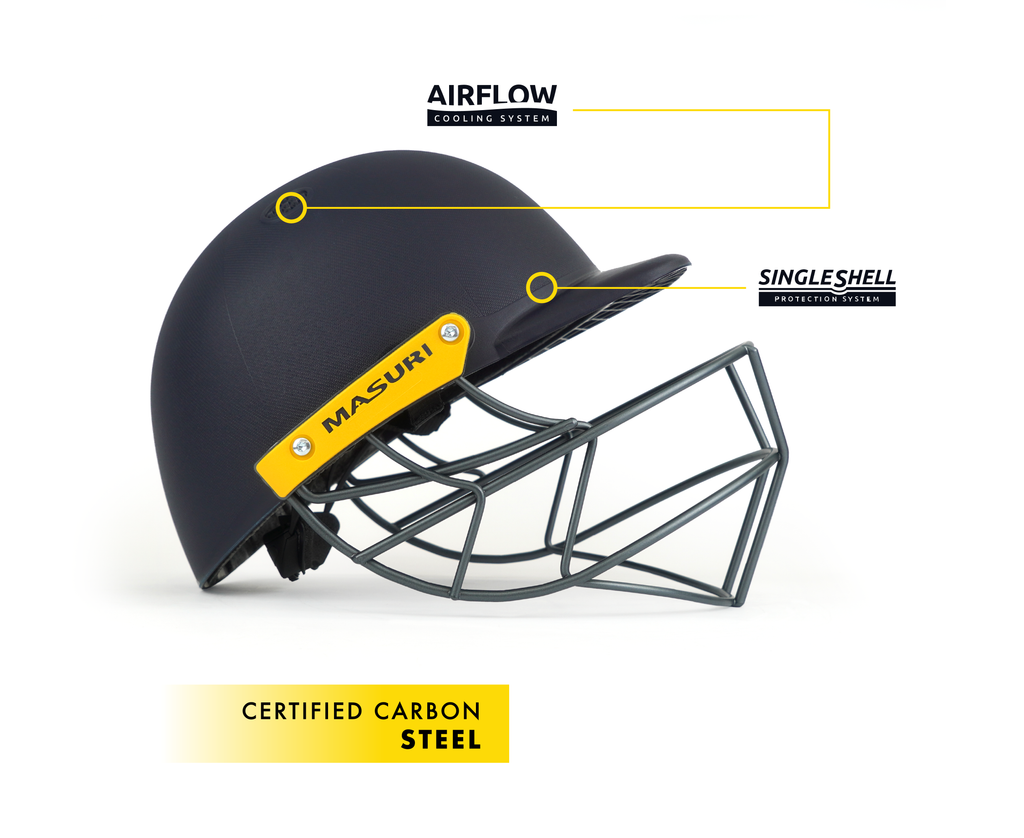 Angled view of the Masuri C Line cricket helmet showing the shell and steel grille