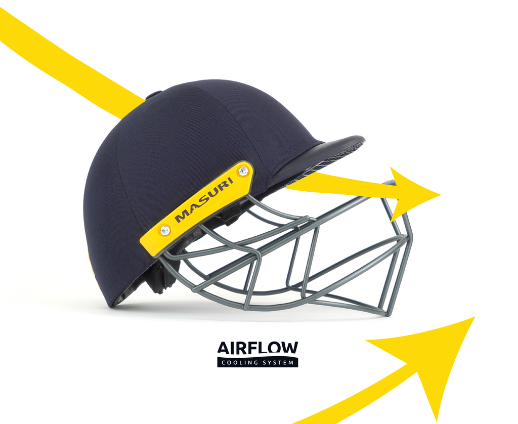 Side view of the Masuri C Line Plus cricket helmet showing the shell and steel grille