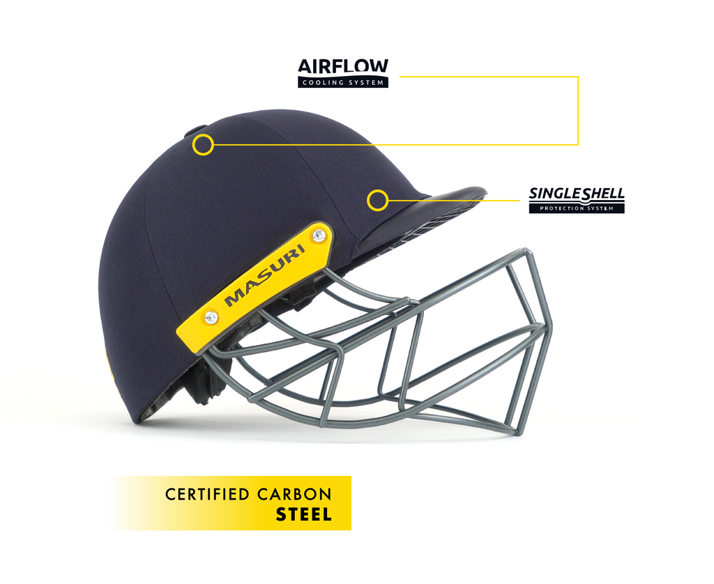 Detail of the steel grille bars on the Masuri C Line Plus cricket helmet