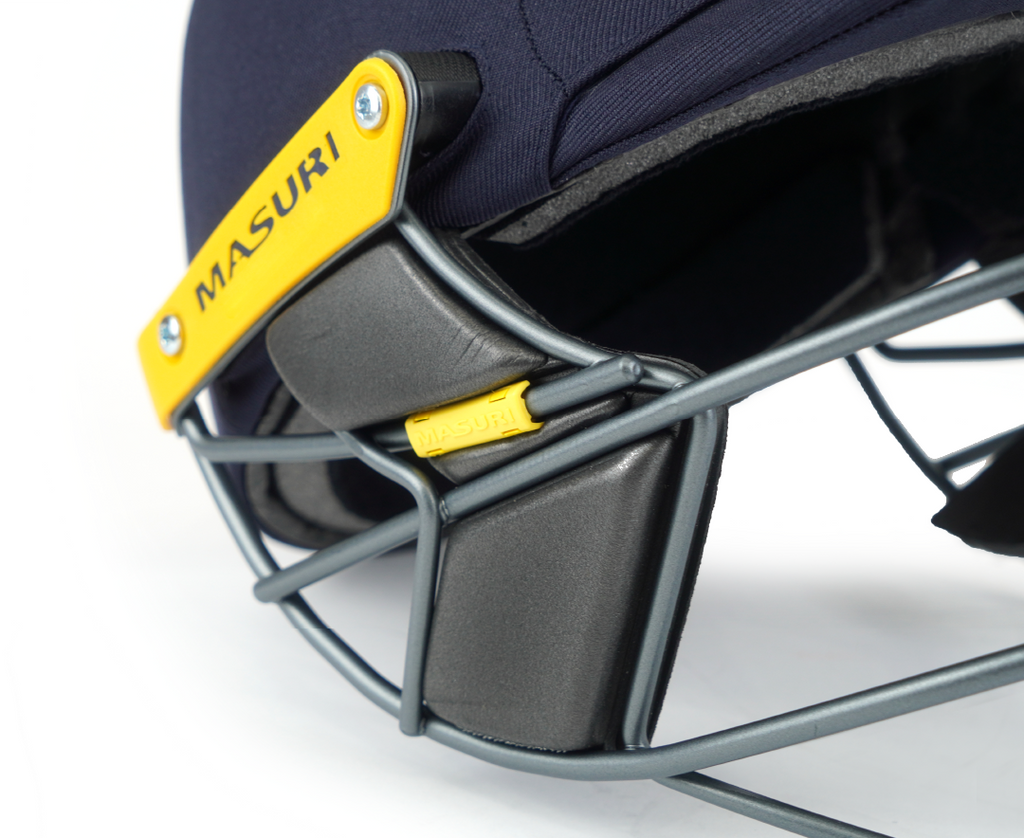 Three-quarter view of the Masuri T Line cricket helmet with steel grille and shell