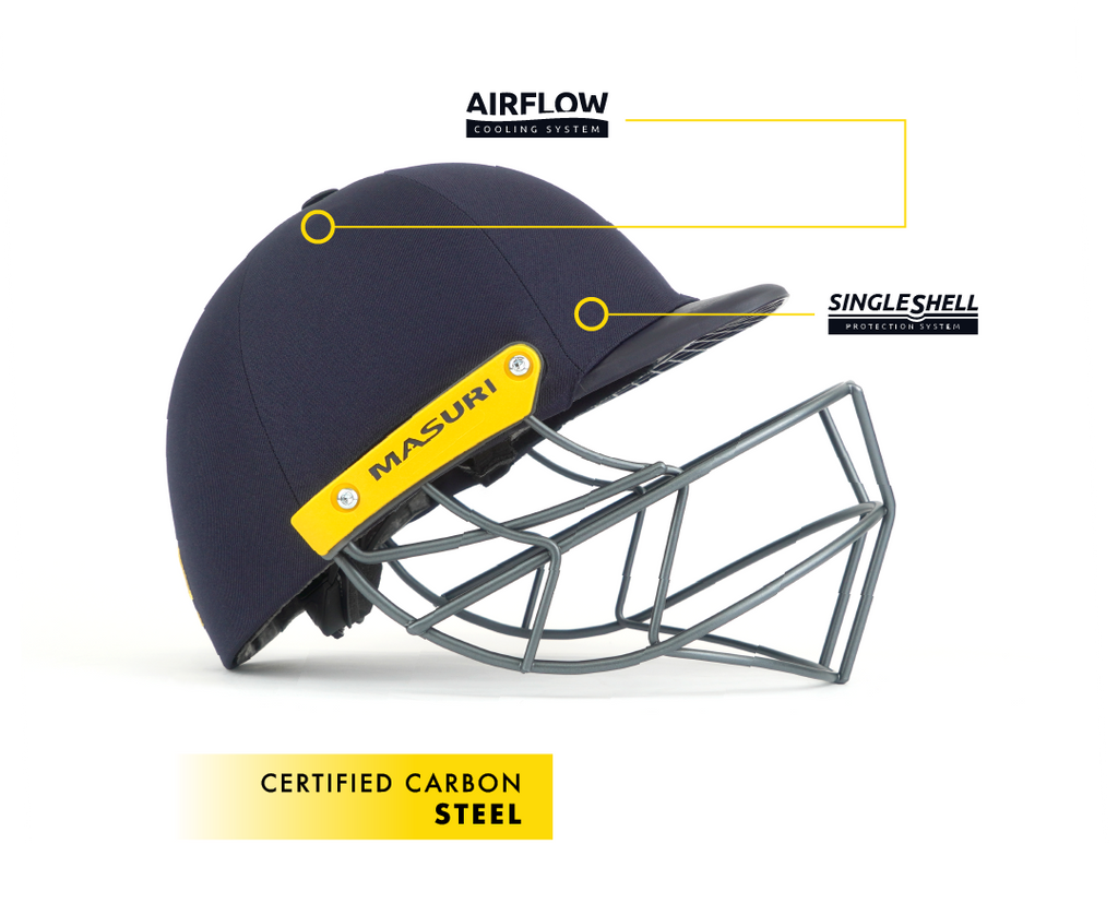 Batter wearing the Masuri T Line steel cricket helmet during a net session