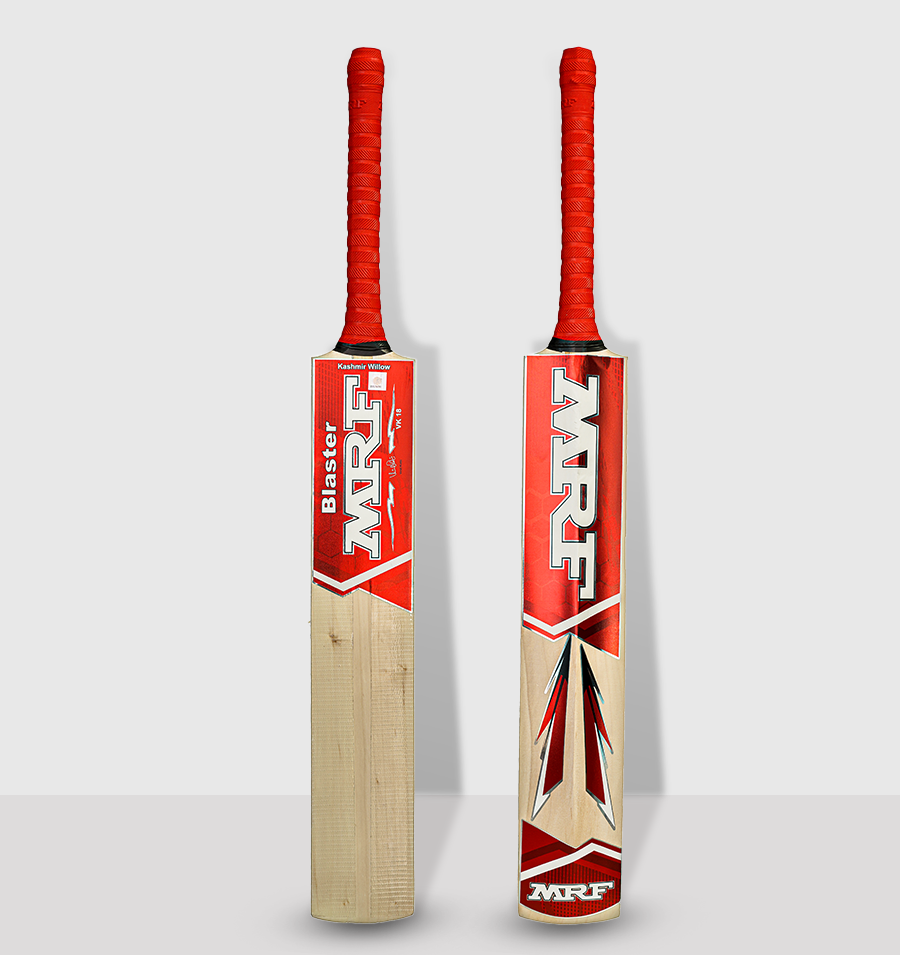 Two MRF Blaster Kashmir Willow Cricket Bats with red, white, and orange color scheme, MRF Blaster Kashmir willow cricket bat, front face view with handle and grip
