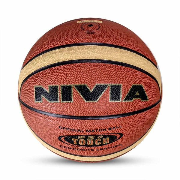 A Nivia basketball with a red and yellow design Nivia Pro Touch size 7 basketball, hand-stitched, on a plain background