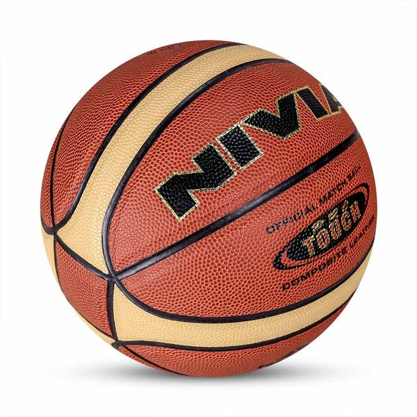 Hand-stitched seams and air-retention valve of the Nivia Pro Touch basketball