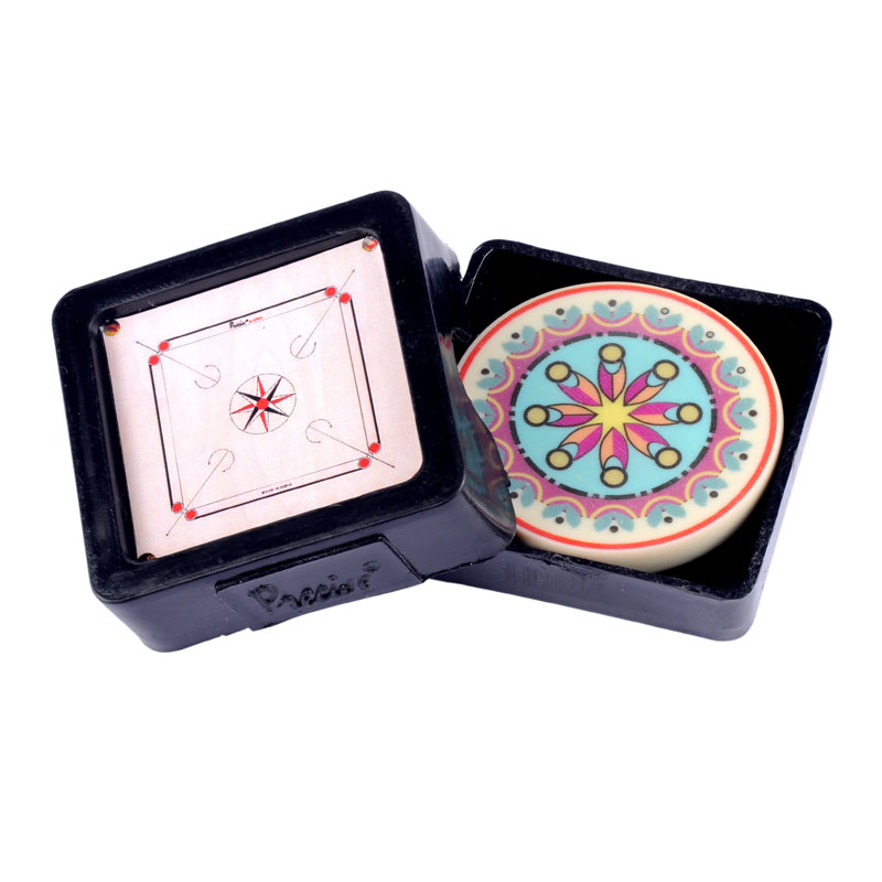 Carrom board set with a colourful carrom piece and black carrying case. Precie Tournament WS04 Carrom Striker for Professional and Tournament Play