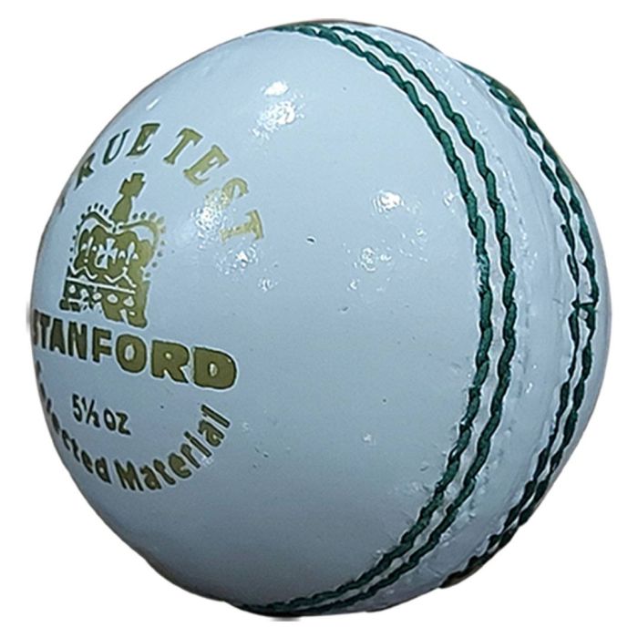 Light blue cricket ball with green stitching and 'Stanford' SF Caribbean Gold White Cricket Ball for Match and Practice