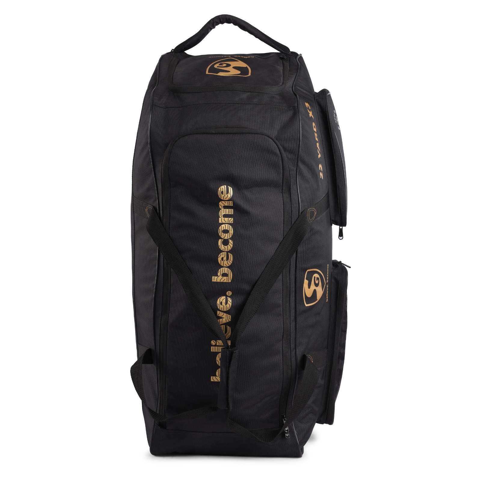 Cricketer's SG 22 Yard X3 wheelie kit bag standing upright on its wheels