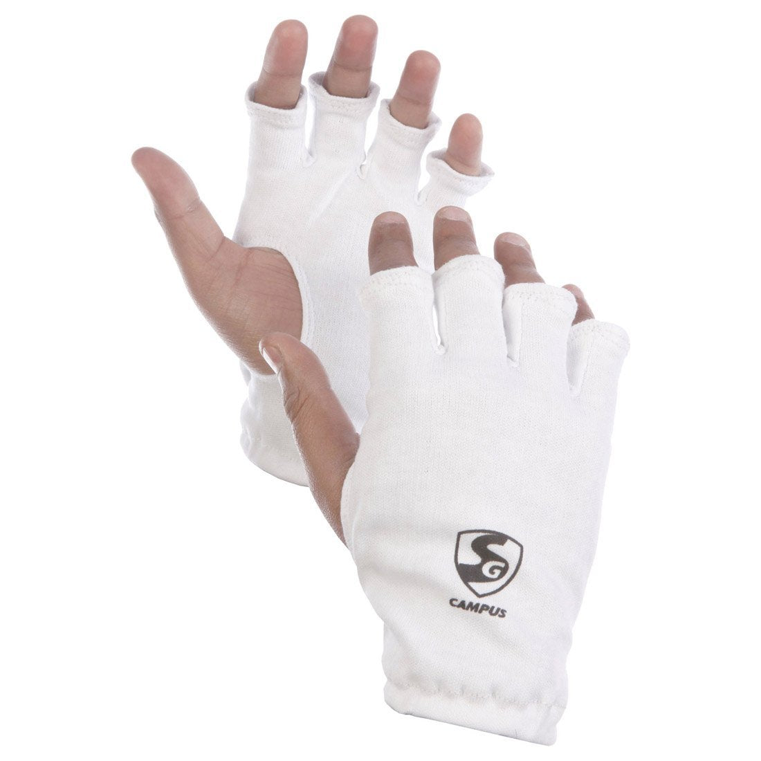 White half-finger gloves SG Campus cricket inner gloves, a lightweight moisture-wicking pair with an ergonomic fit