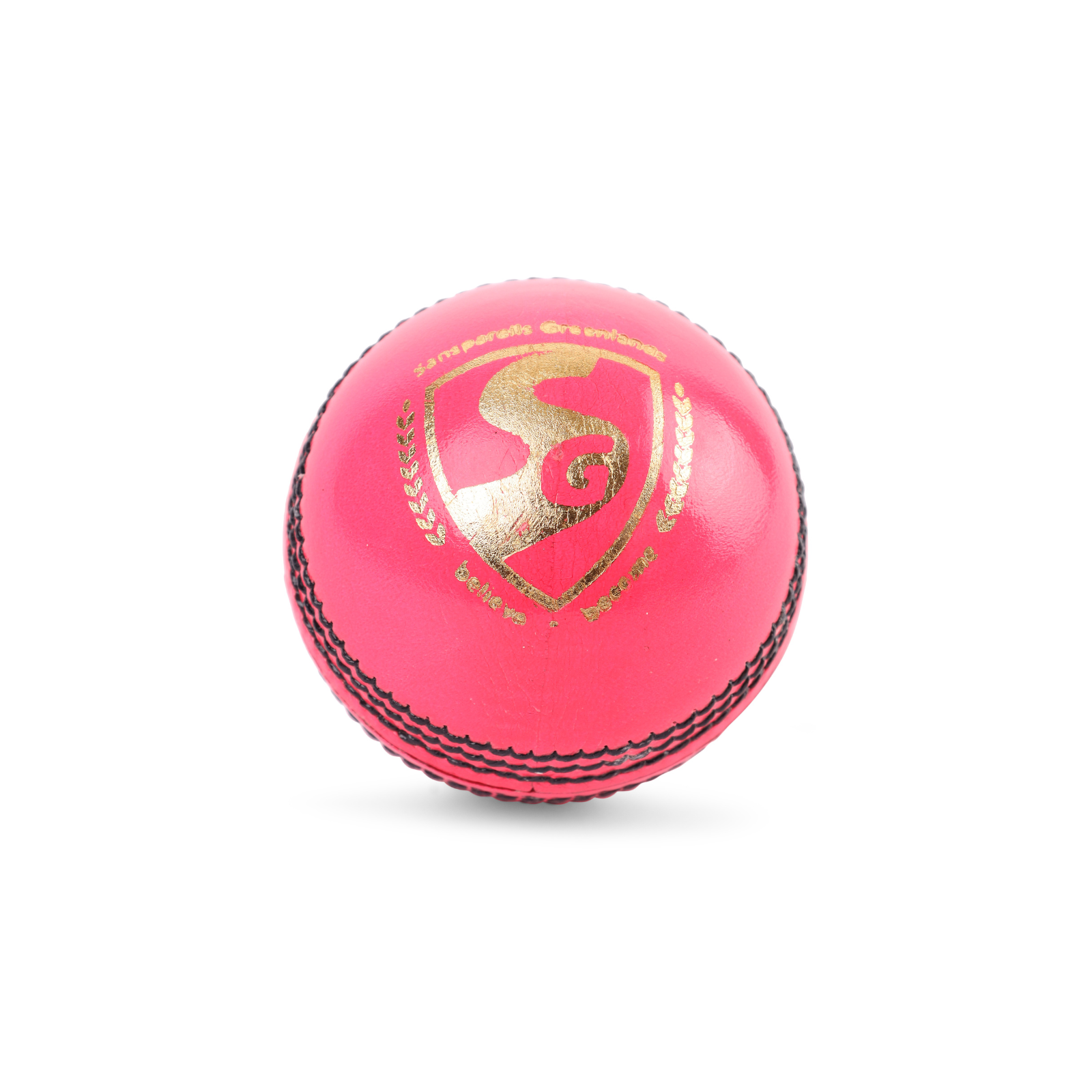 Close-up of the seam and stitching on the SG Club pink leather cricket ball