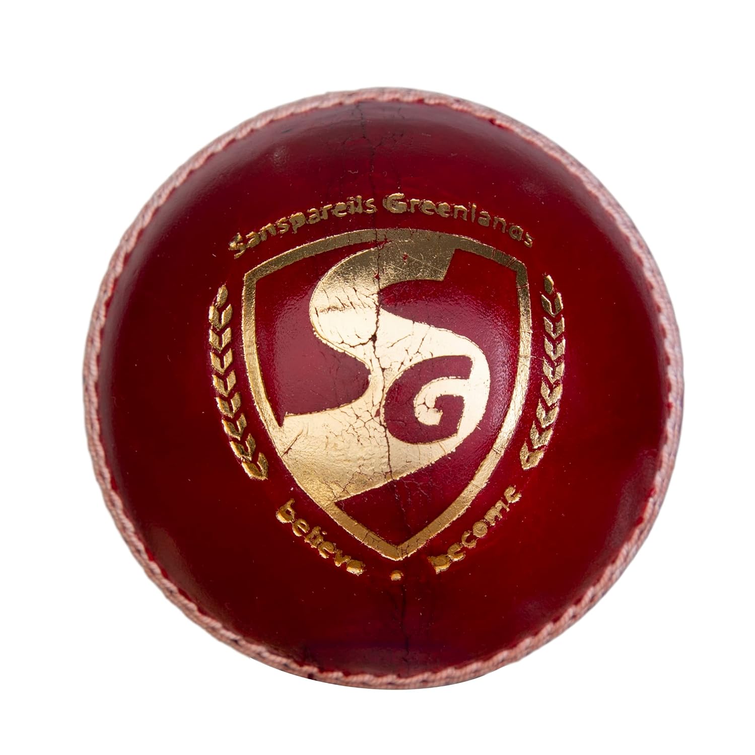 Red leather cricket ball with gold emblem Red SG Club cricket ball close-up view