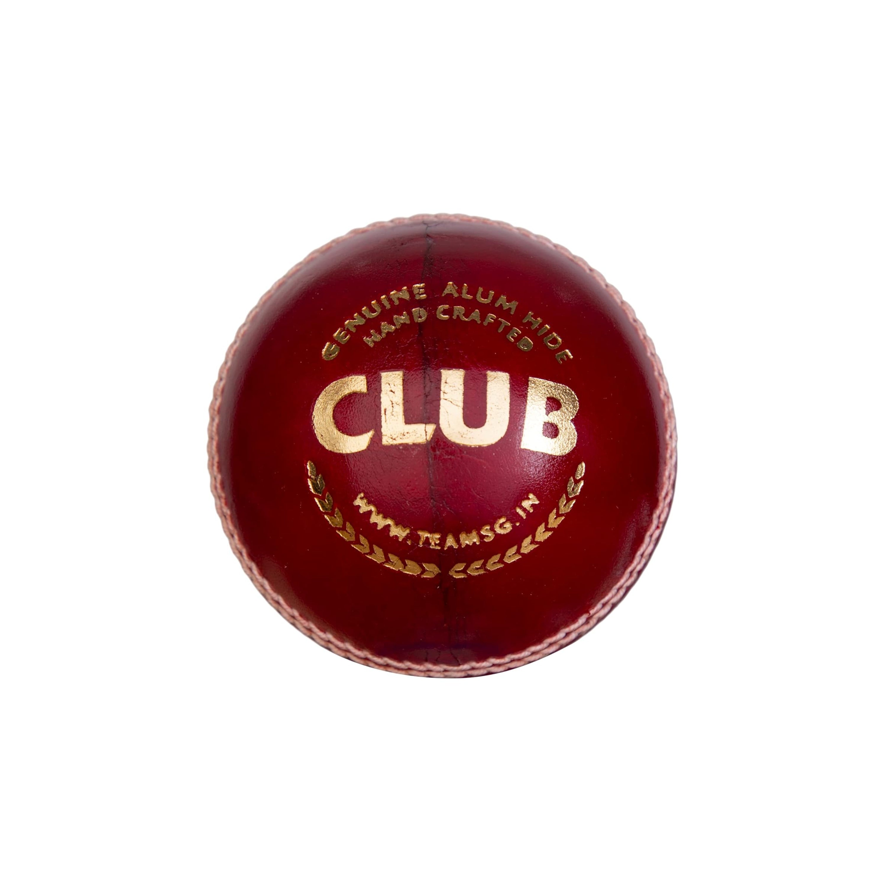 Red cricket ball with gold text SG Club Red Cricket Ball for cricket practice